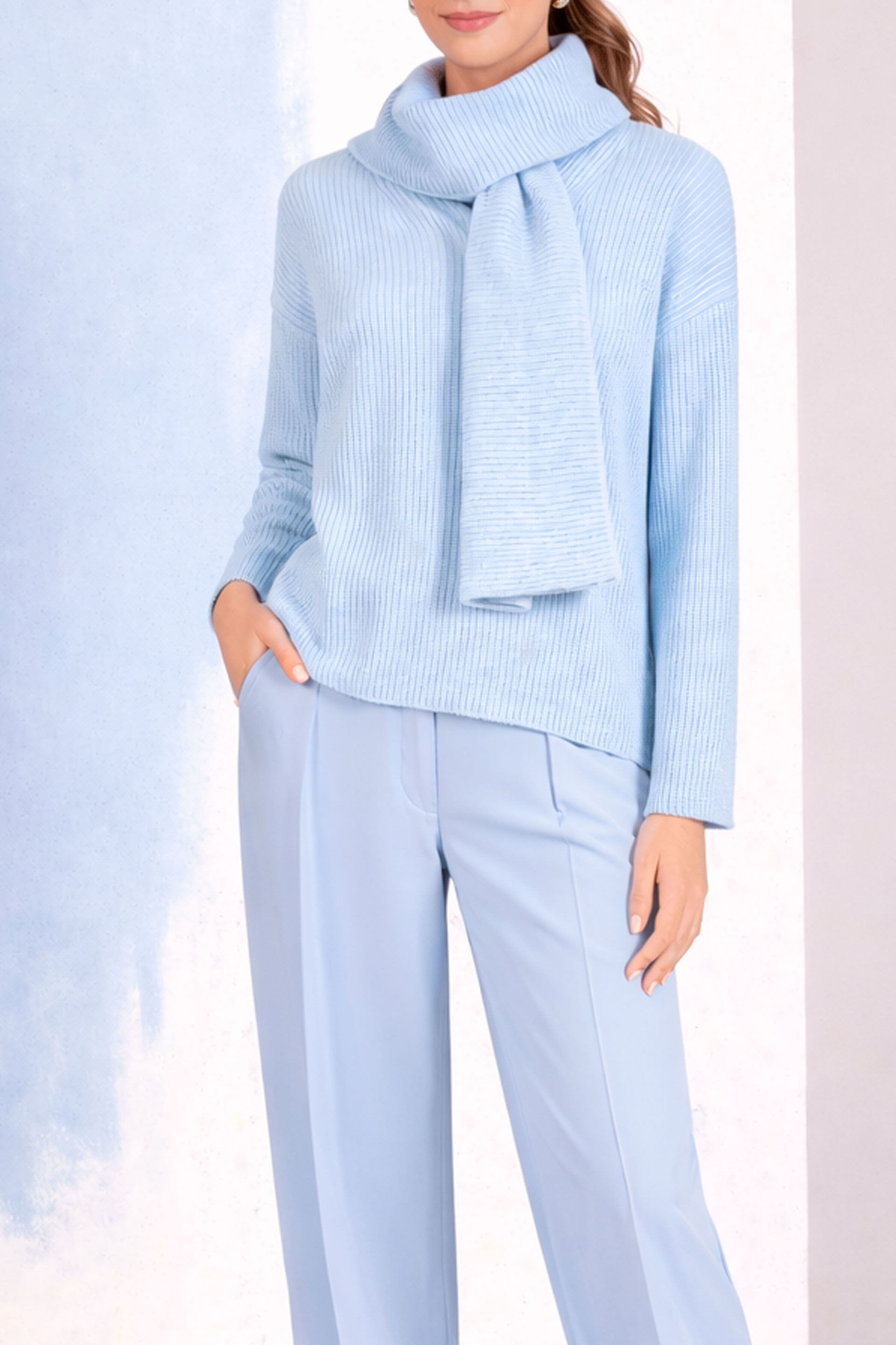 Ribbed knit sweater with integrated scarf