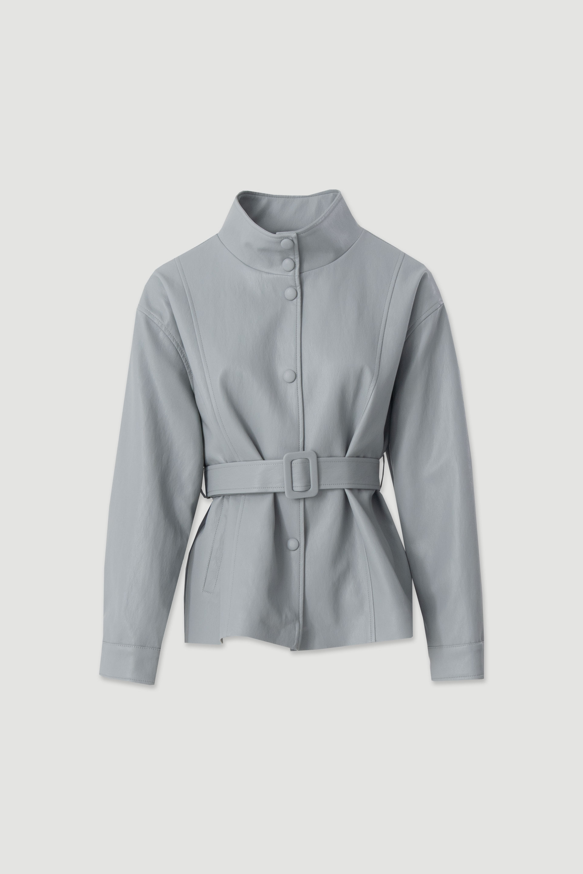 Fitted coat with high collar and belt