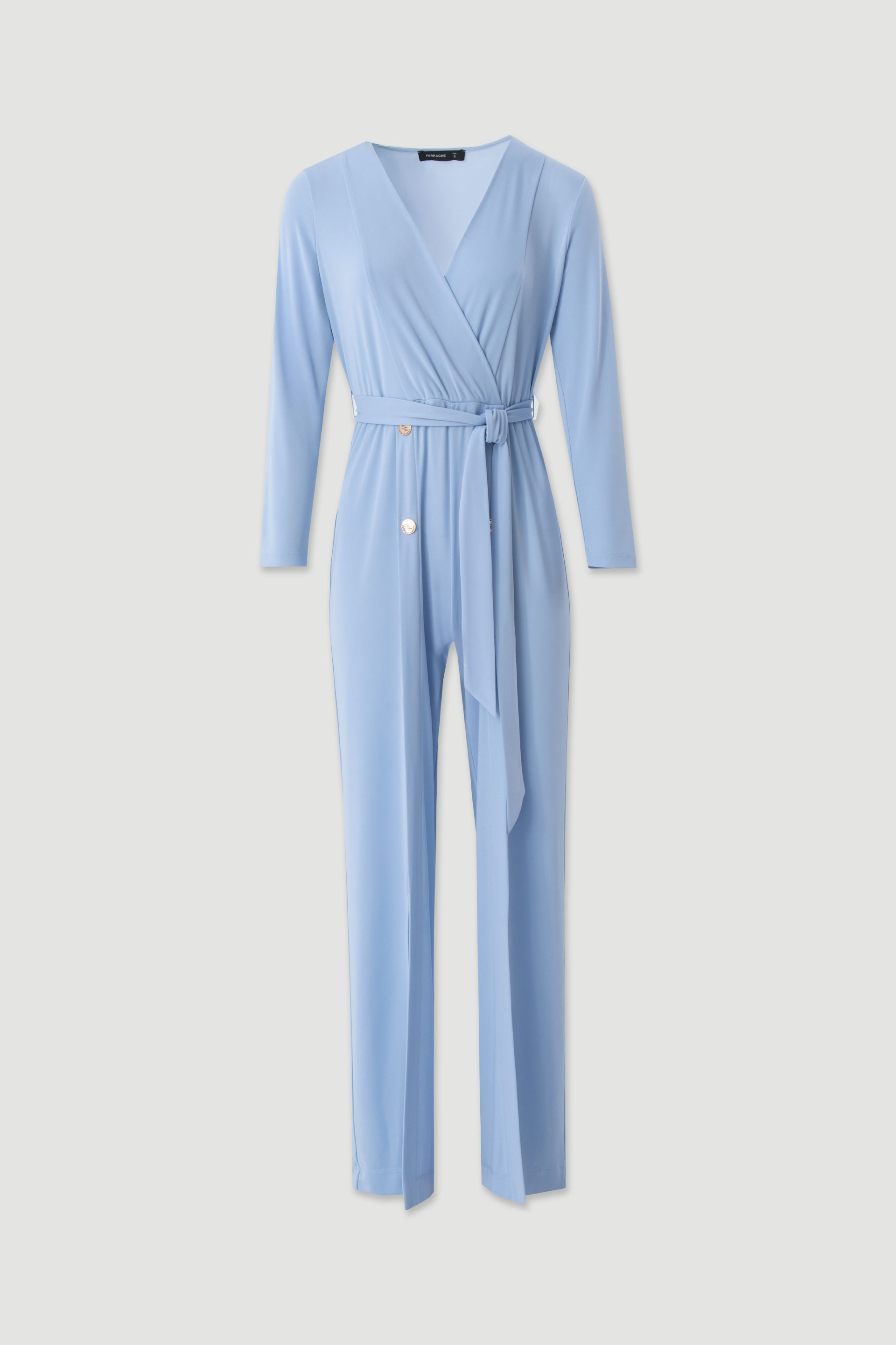 Fluid women’s jumpsuit with crossover neckline and belt