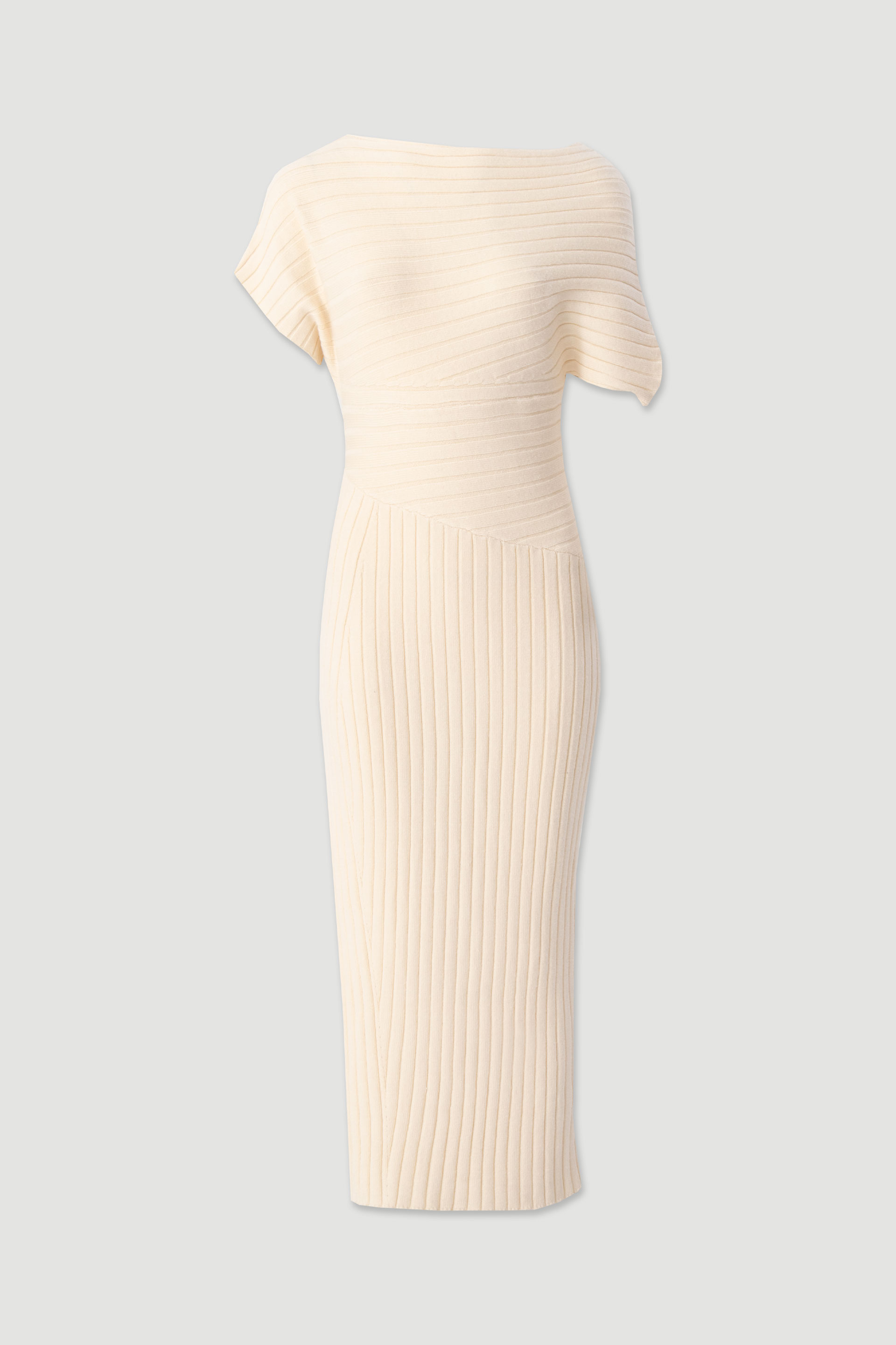 Midi knit dress with asymmetric off-shoulder neckline and side slit