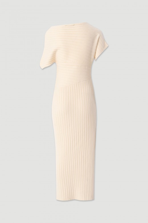 Midi knit dress with asymmetric off-shoulder neckline and side slit