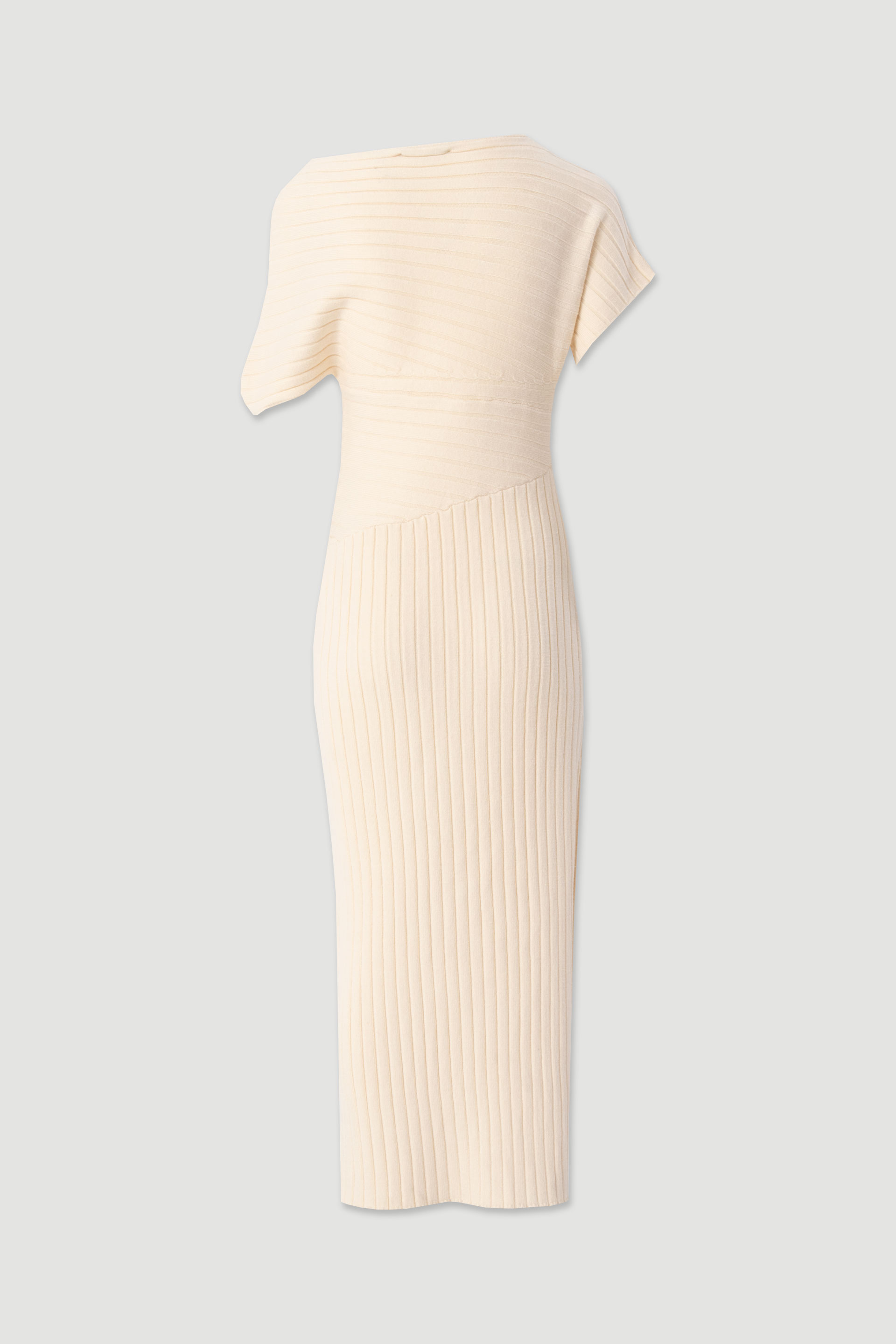 Midi knit dress with asymmetric off-shoulder neckline and side slit