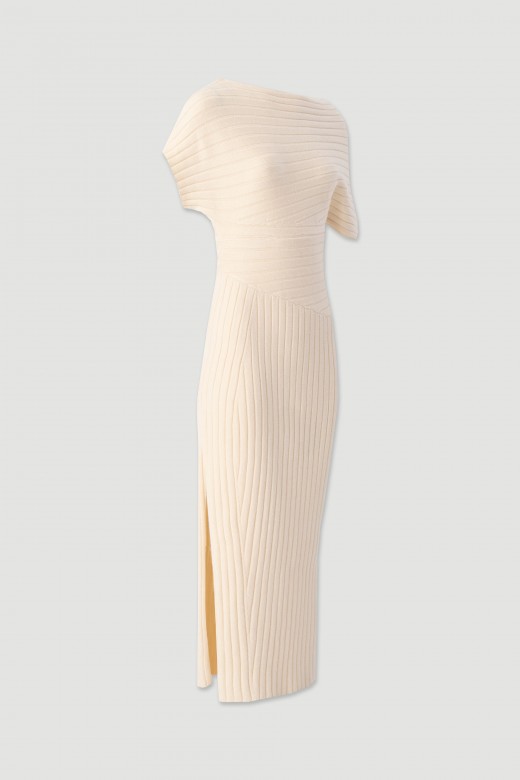 Midi knit dress with asymmetric off-shoulder neckline and side slit