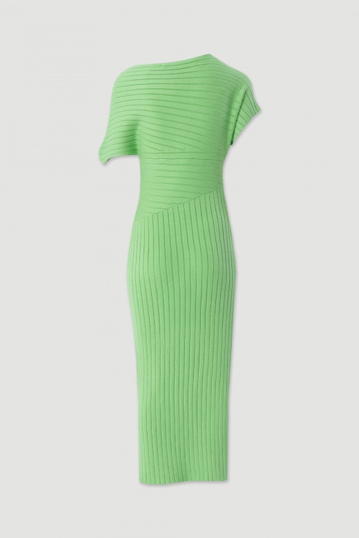 Midi knit dress with asymmetric off-shoulder neckline and side slit