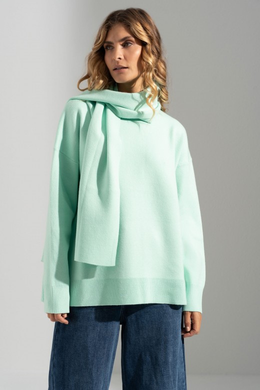 Knit sweater with fixed scarf effect Knit sweater with fixed scarf effect
