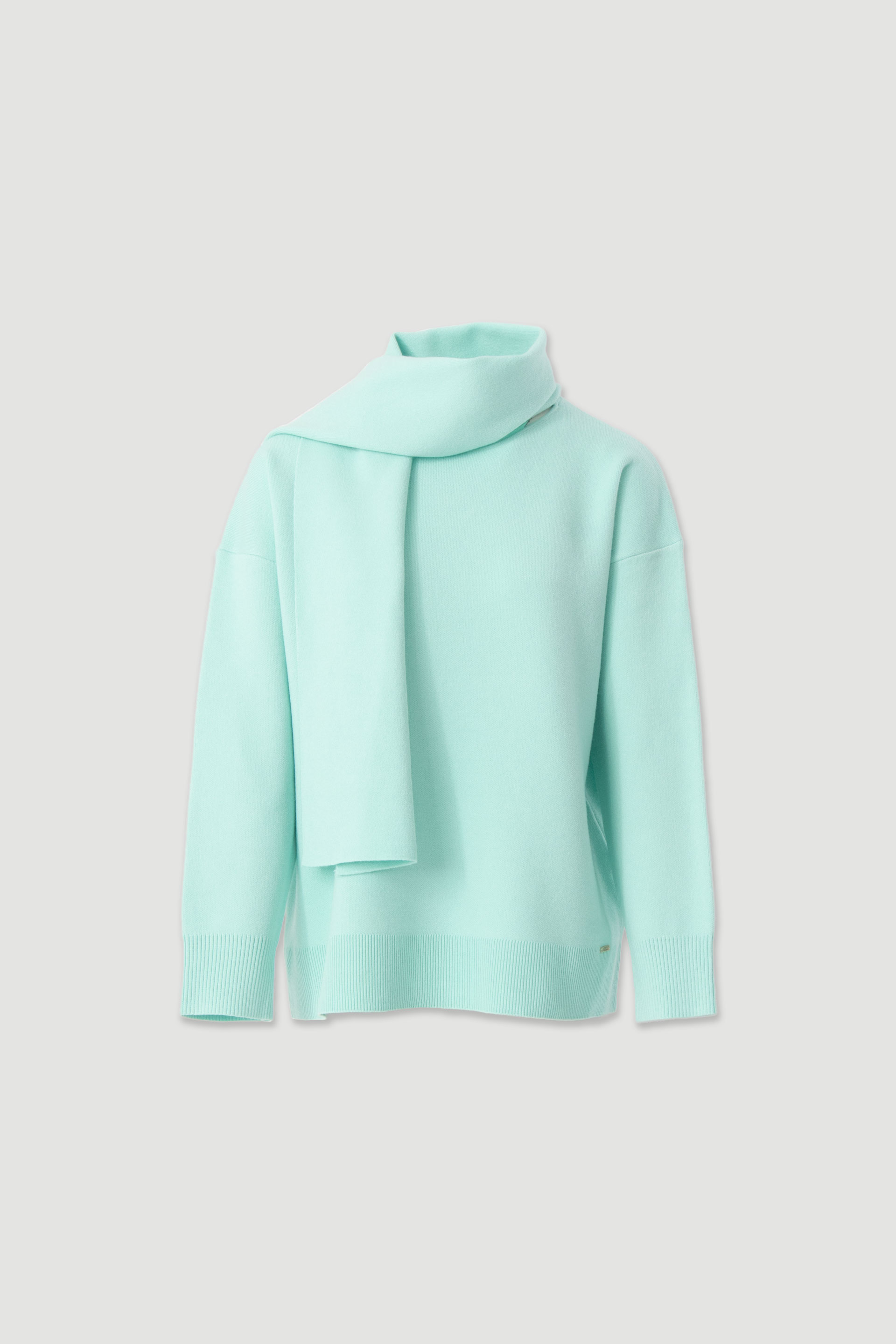 Knit sweater with fixed scarf effect