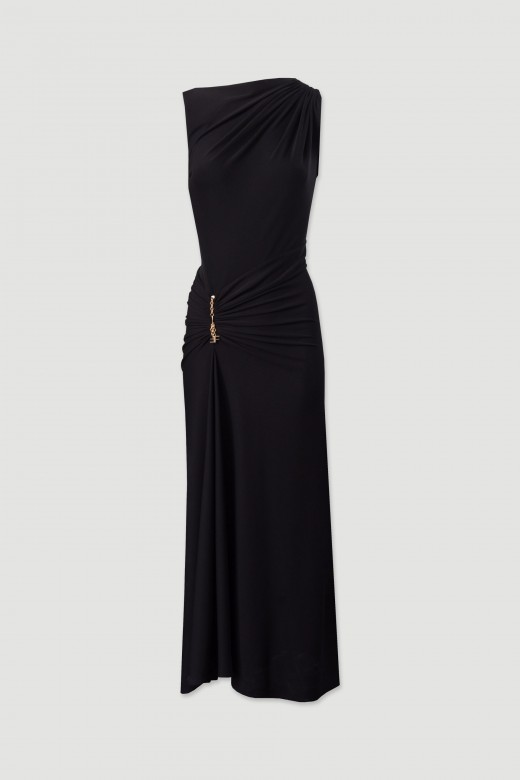 Asymmetric long dress with ruched detail