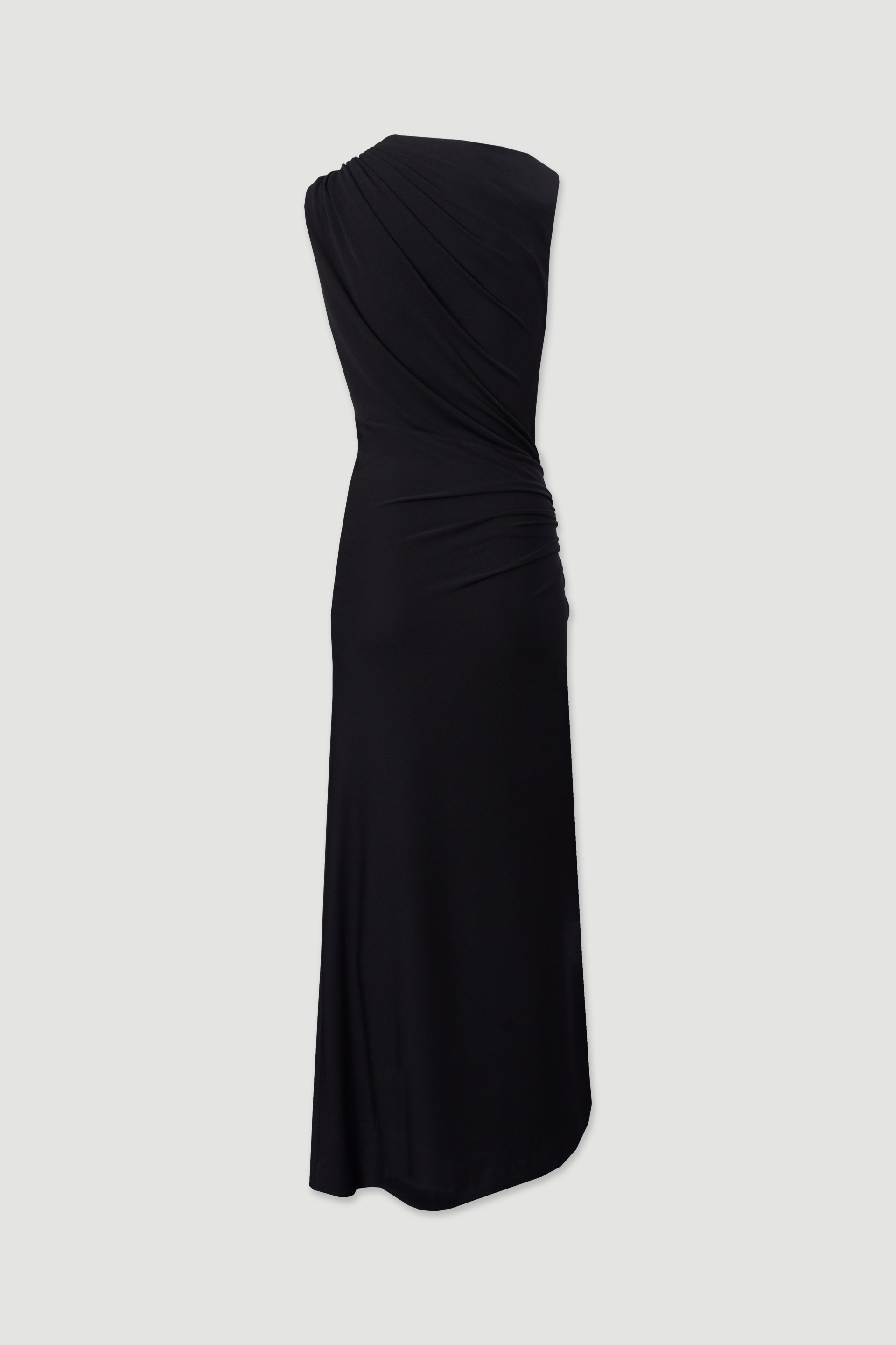 Asymmetric long dress with ruched detail