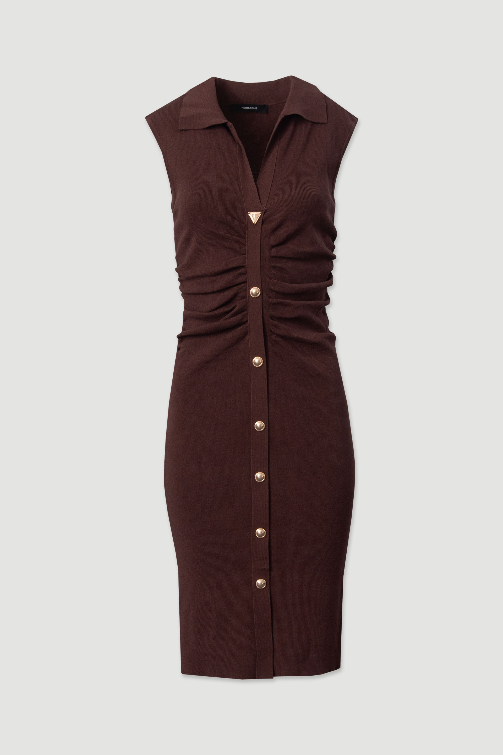 Midi knit dress with ruching and metallic buttons