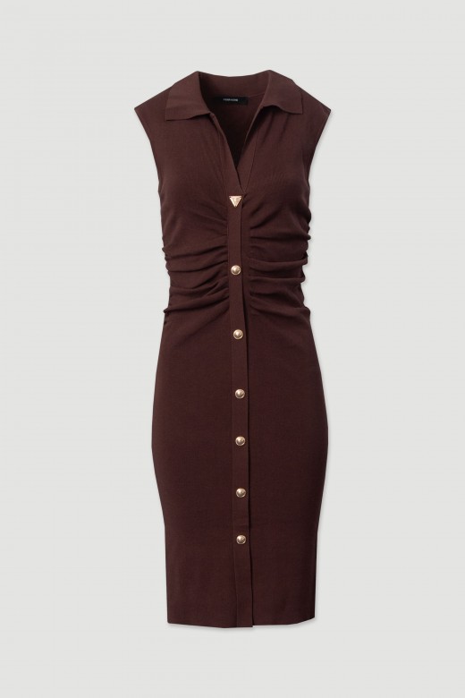 Midi knit dress with ruching and metallic buttons