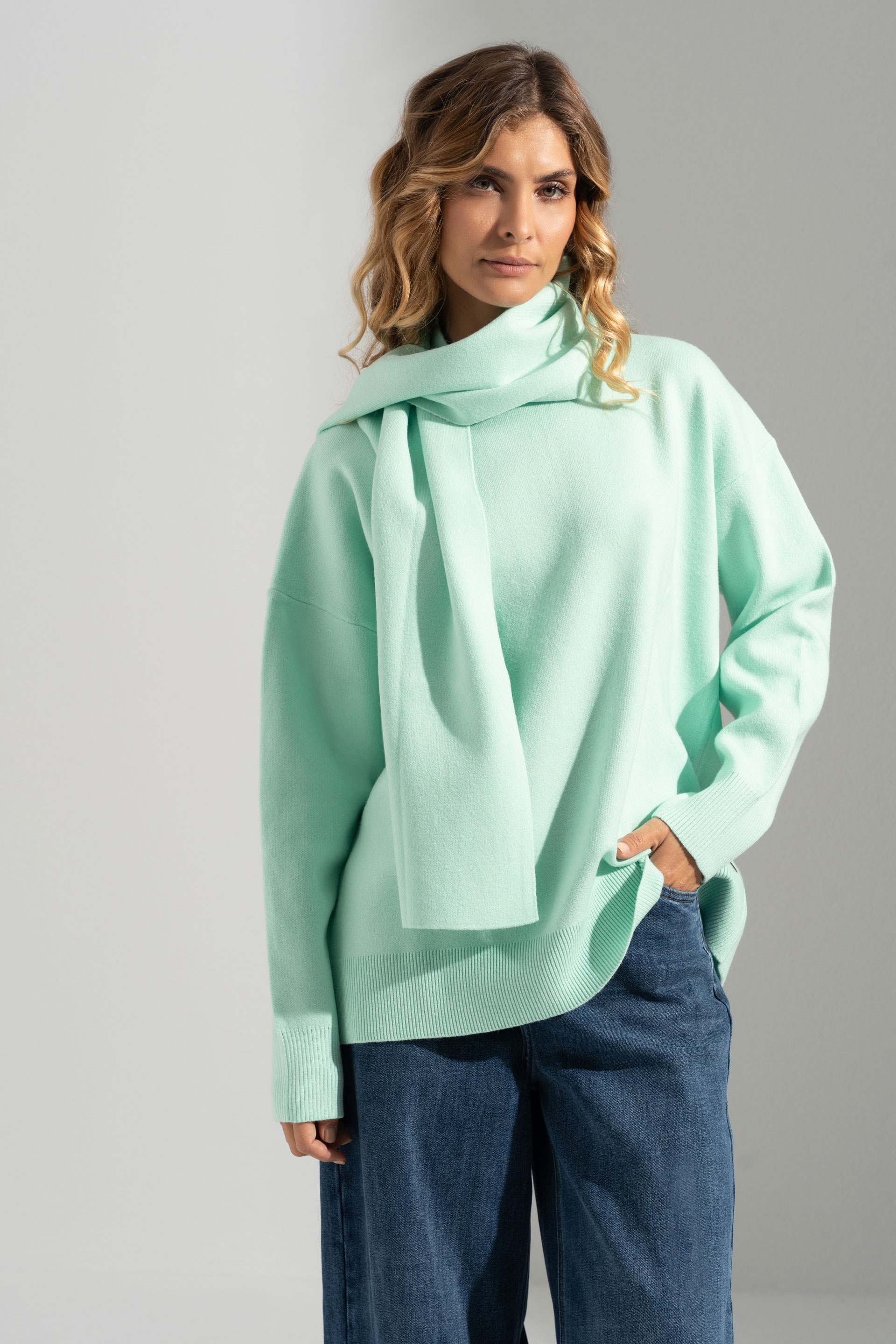 Knit sweater with fixed scarf effect