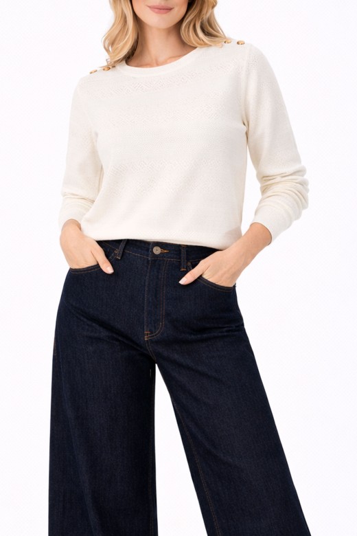 Textured knit sweater with decorative shoulder buttons