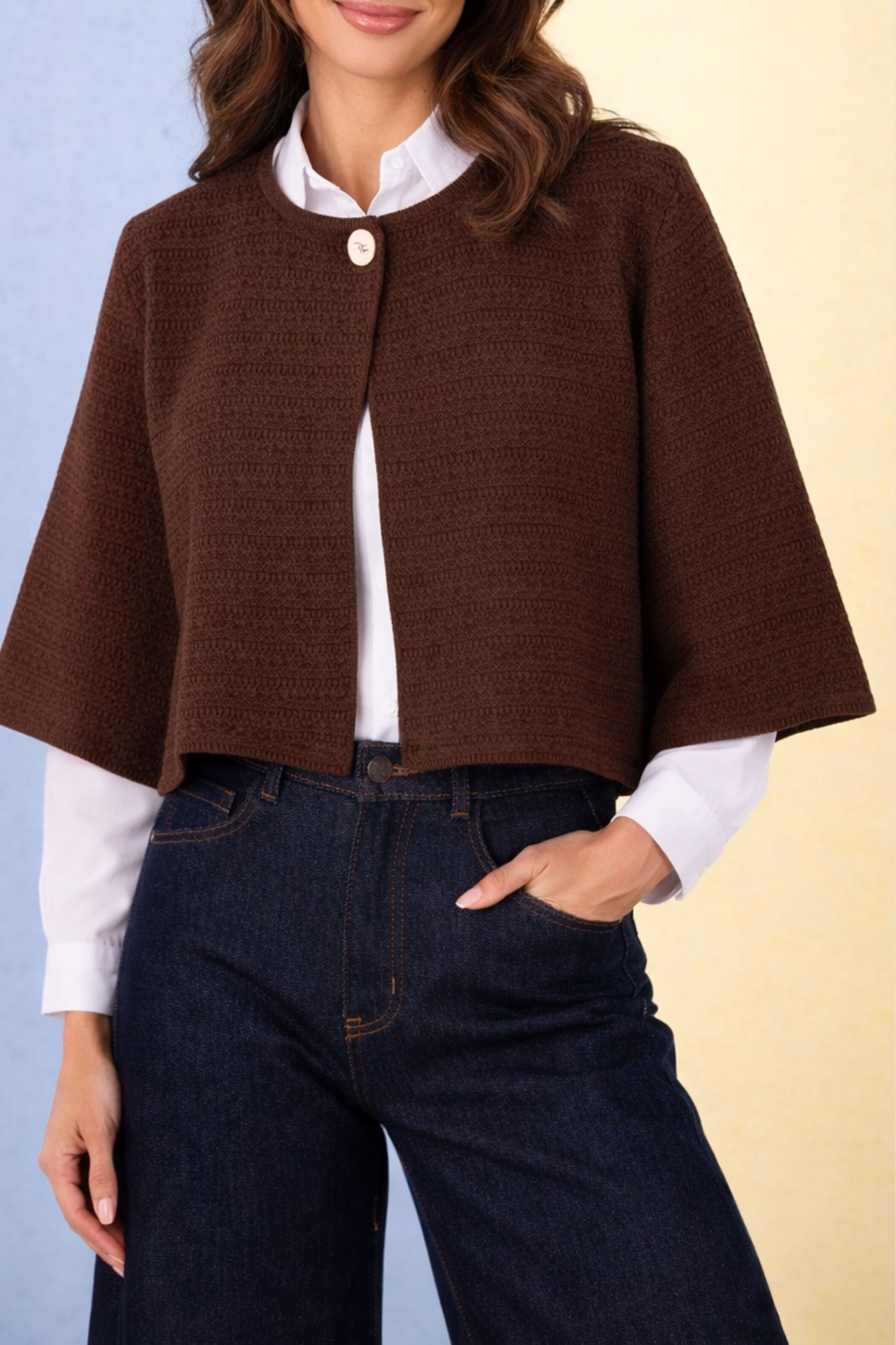 Short textured knit jacket with 3/4 sleeves
