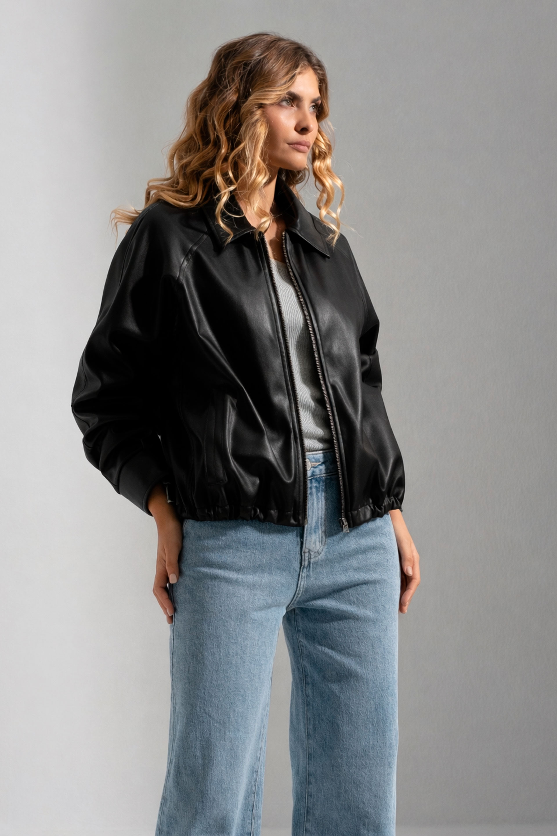 Short faux leather jacket with adjustable waist