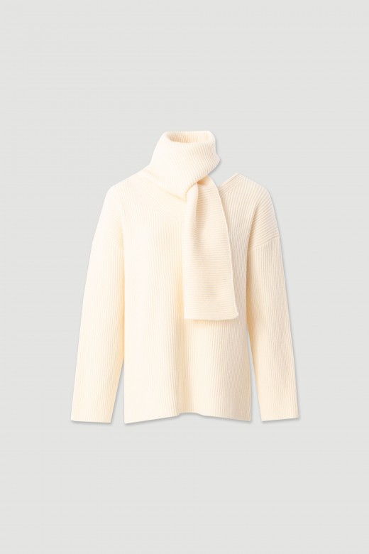 Ribbed knit sweater with integrated scarf