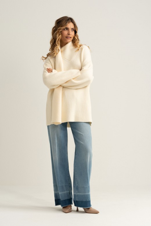 Ribbed knit sweater with integrated scarf