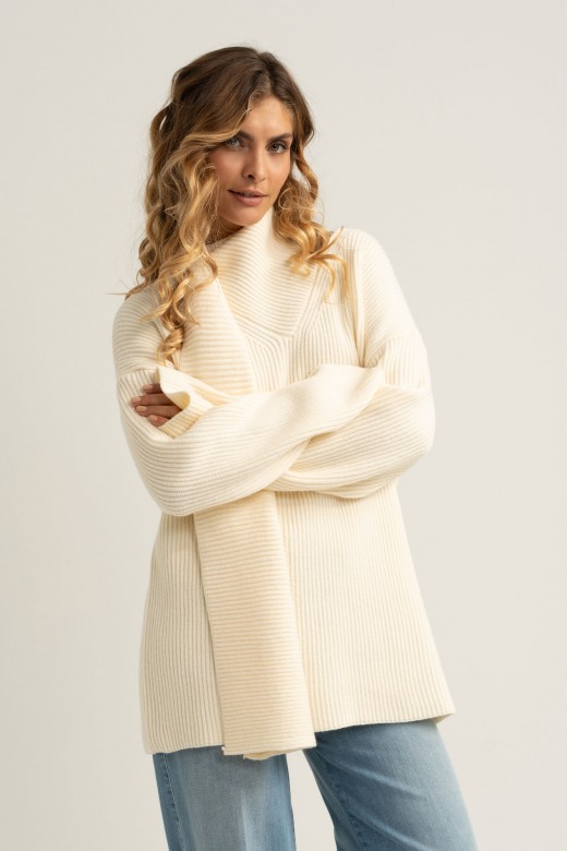 Ribbed knit sweater with integrated scarf Ribbed knit sweater with integrated scarf