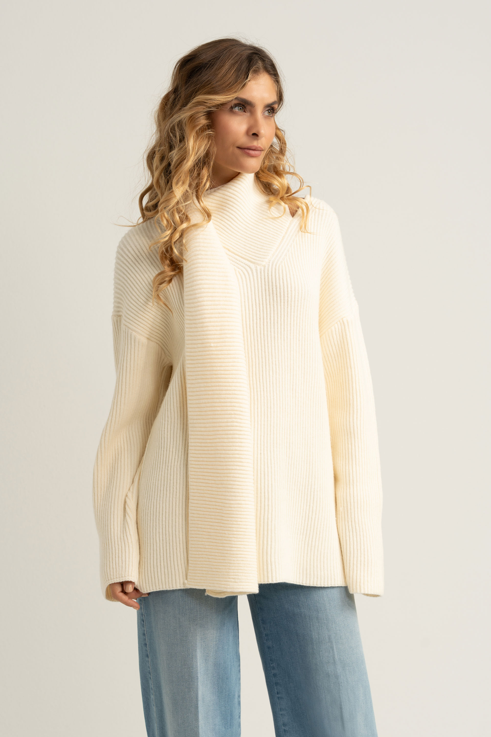 Ribbed knit sweater with integrated scarf