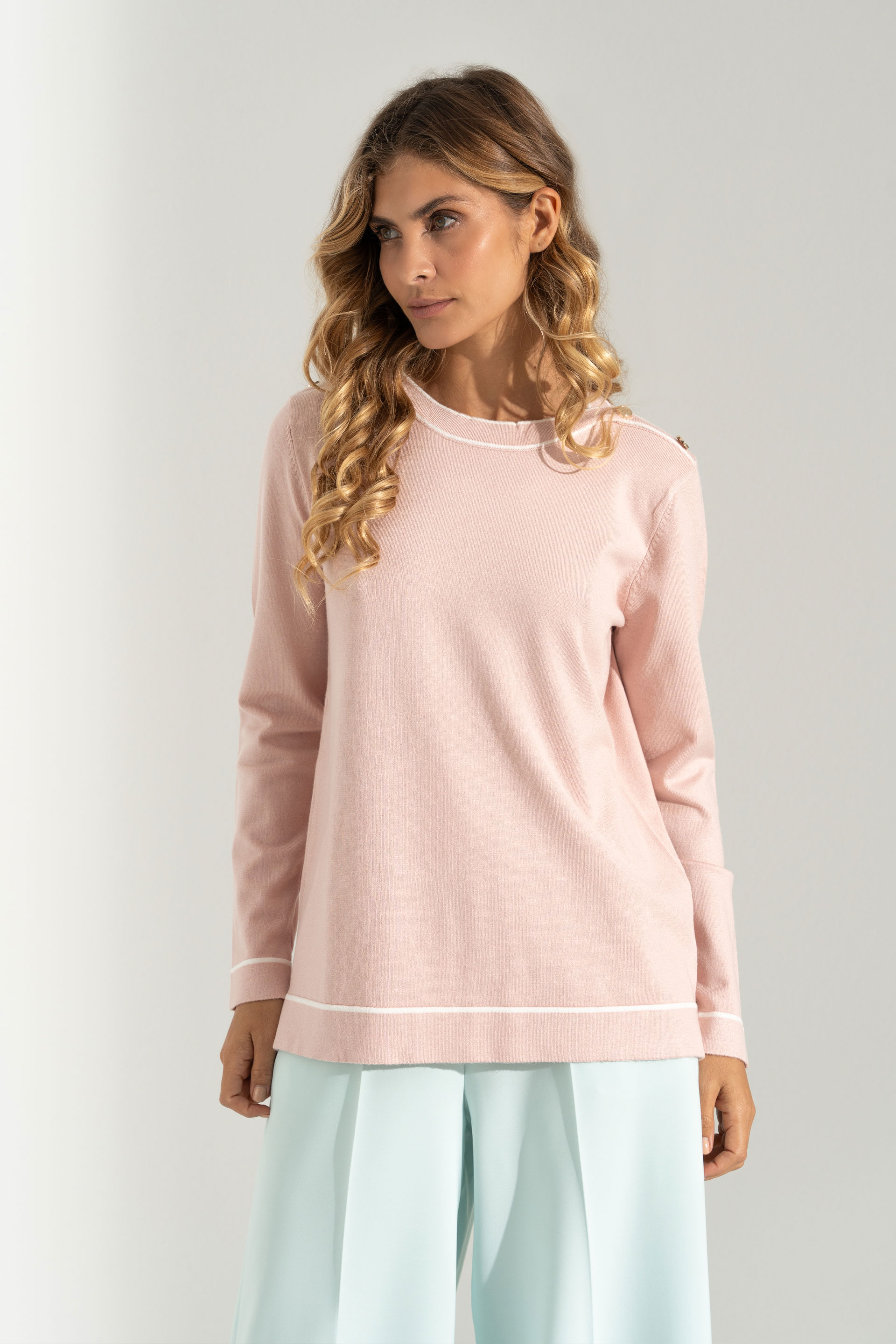 Knit sweater with shoulder buttons