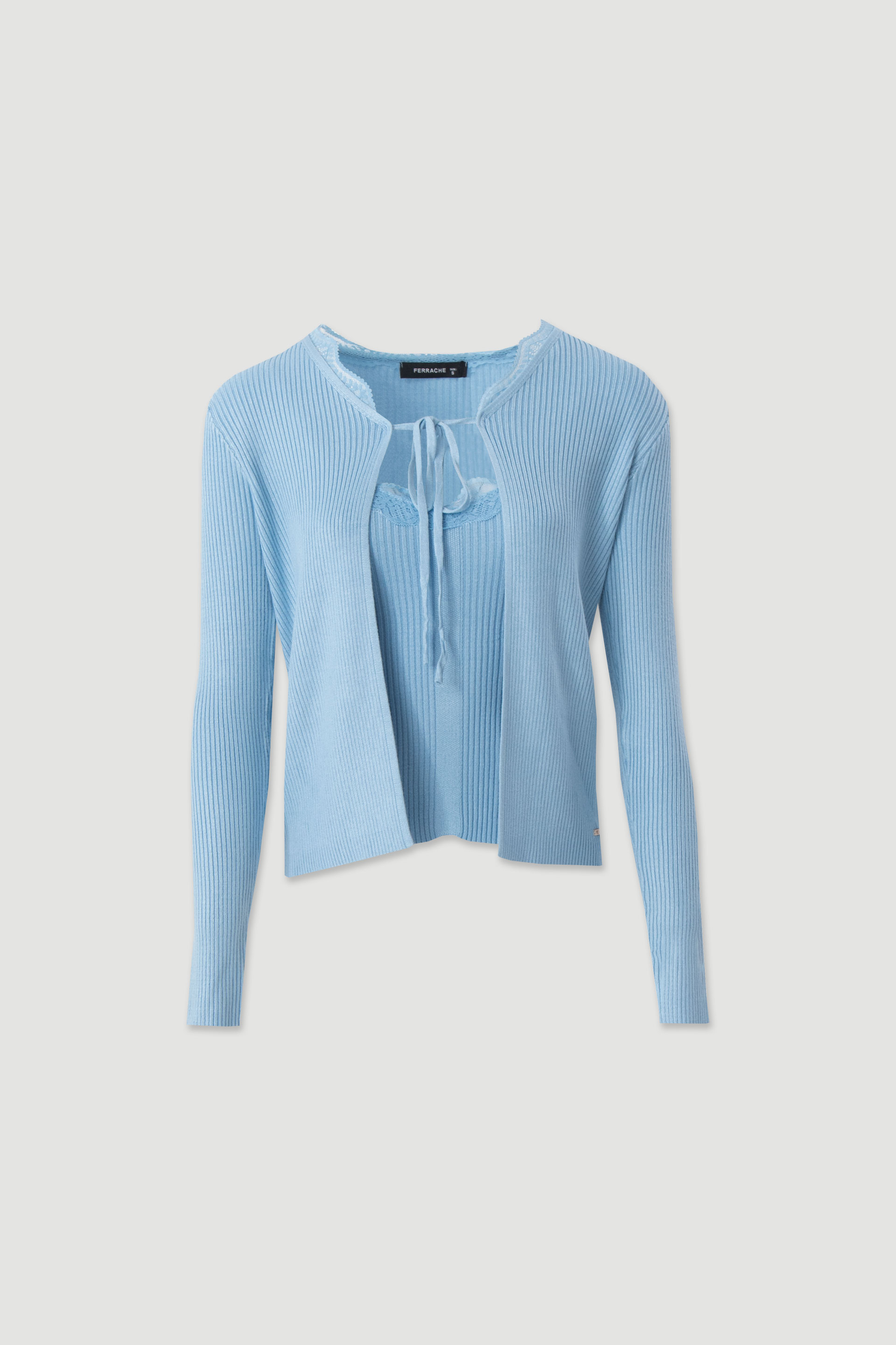 Conjunto de malha canelada com renda – top e casaco