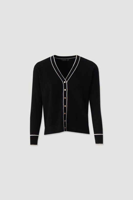 Ribbed knit cardigan with contrast trim