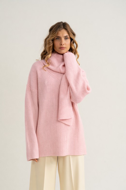 Ribbed knit sweater with integrated scarf