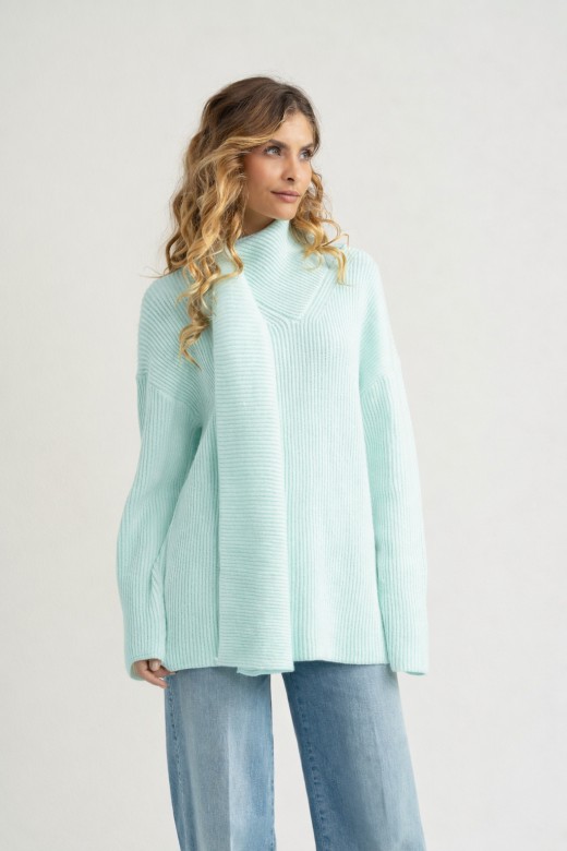 Ribbed knit sweater with integrated scarf
