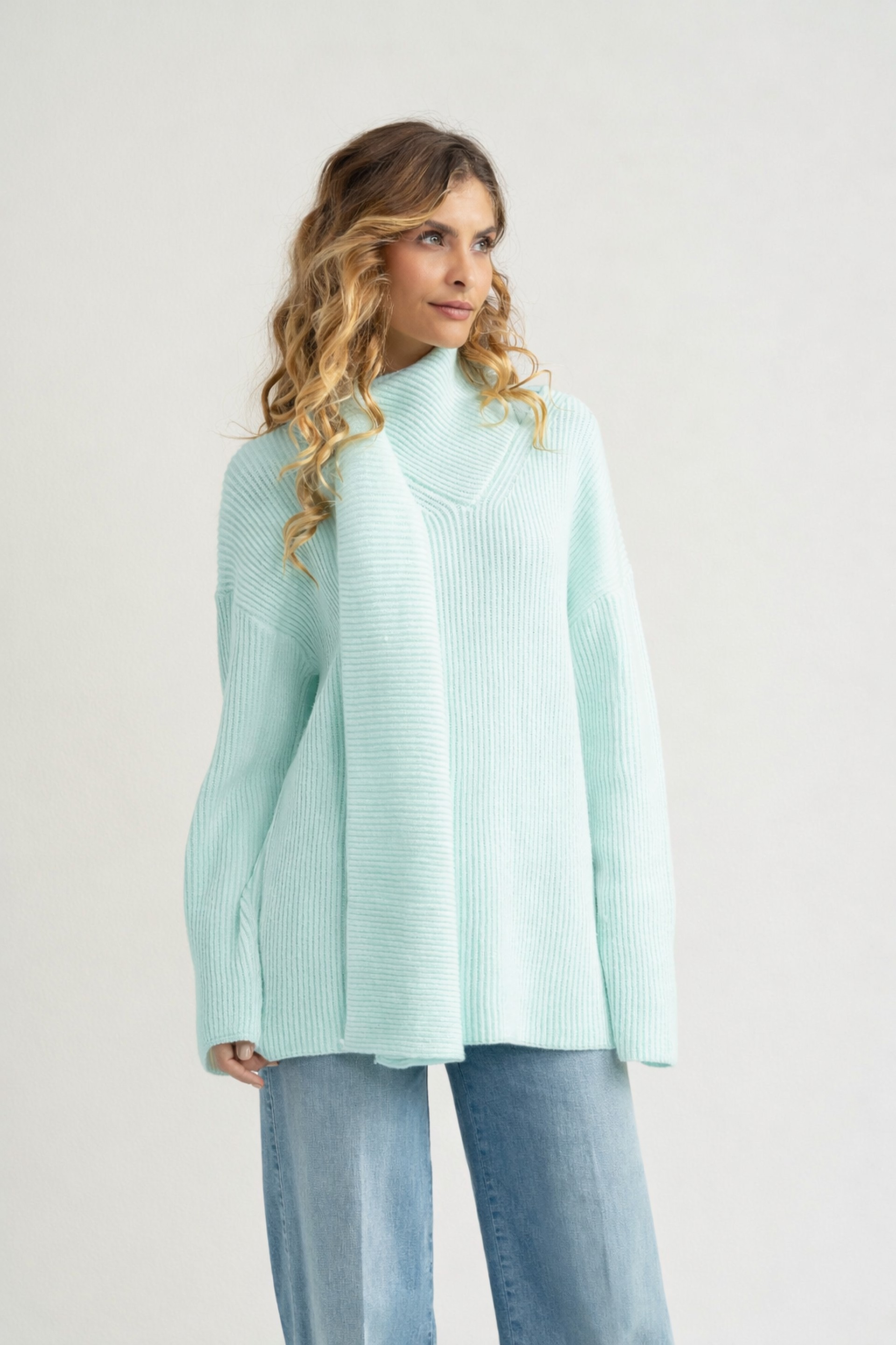 Ribbed knit sweater with integrated scarf