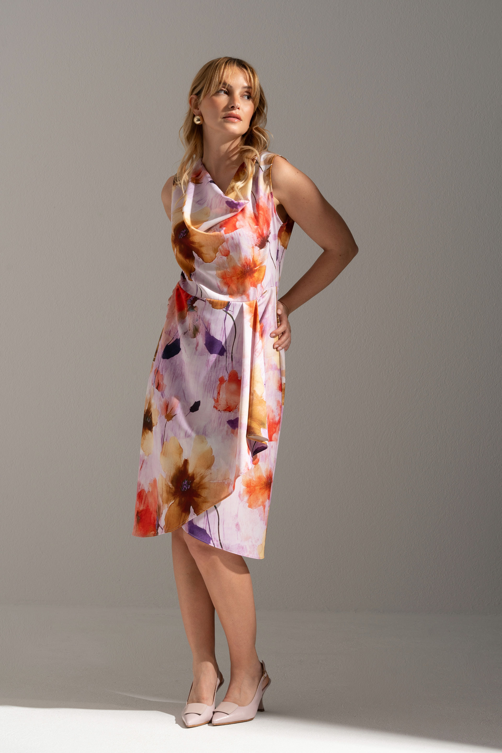 Floral dress with draped neckline