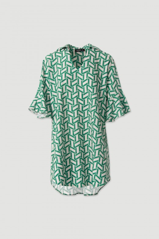 Vestido curto estampado com mangas fluidas Vestido curto estampado com mangas fluidas