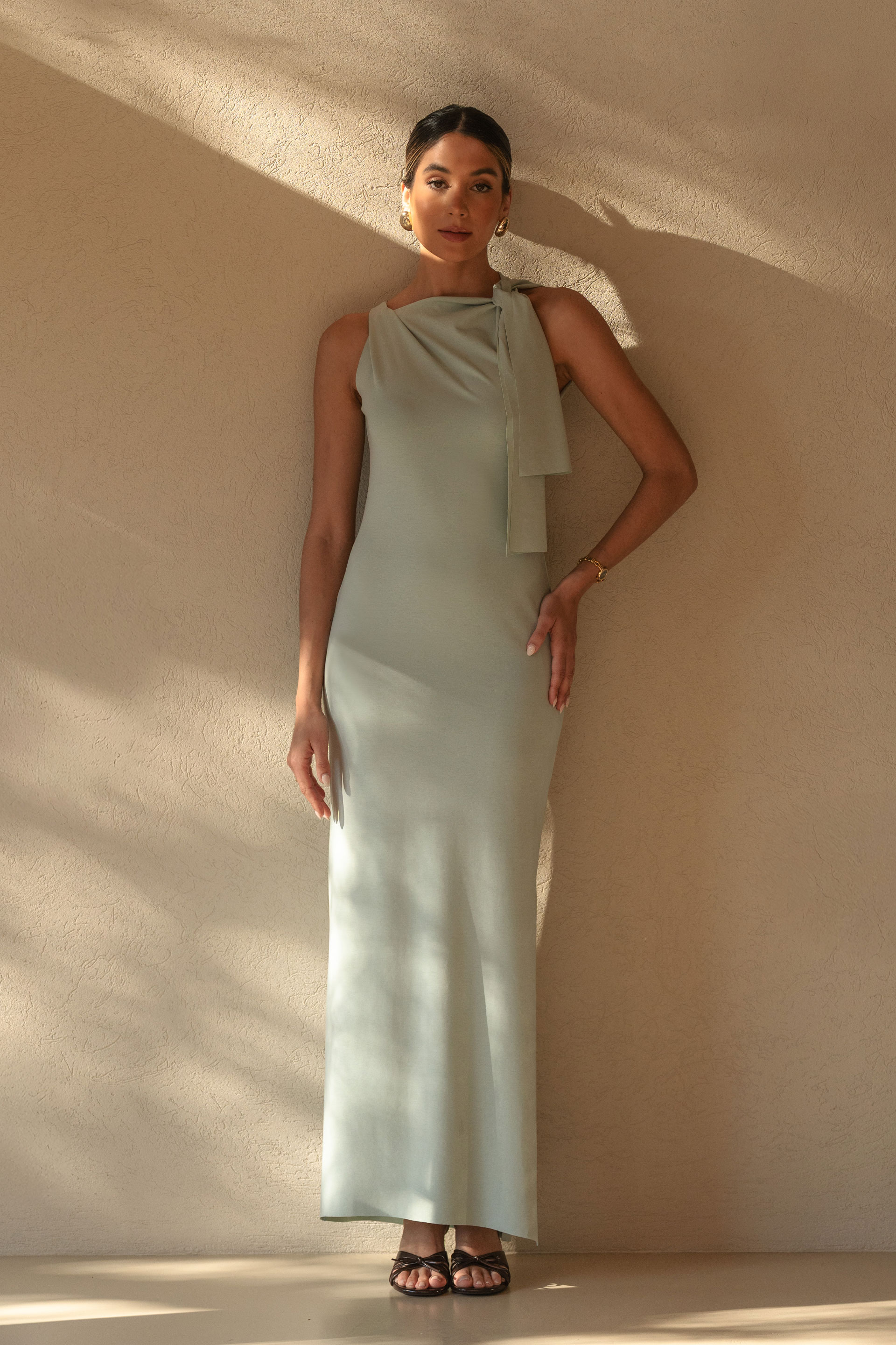 Long dress with draping and shoulder tie