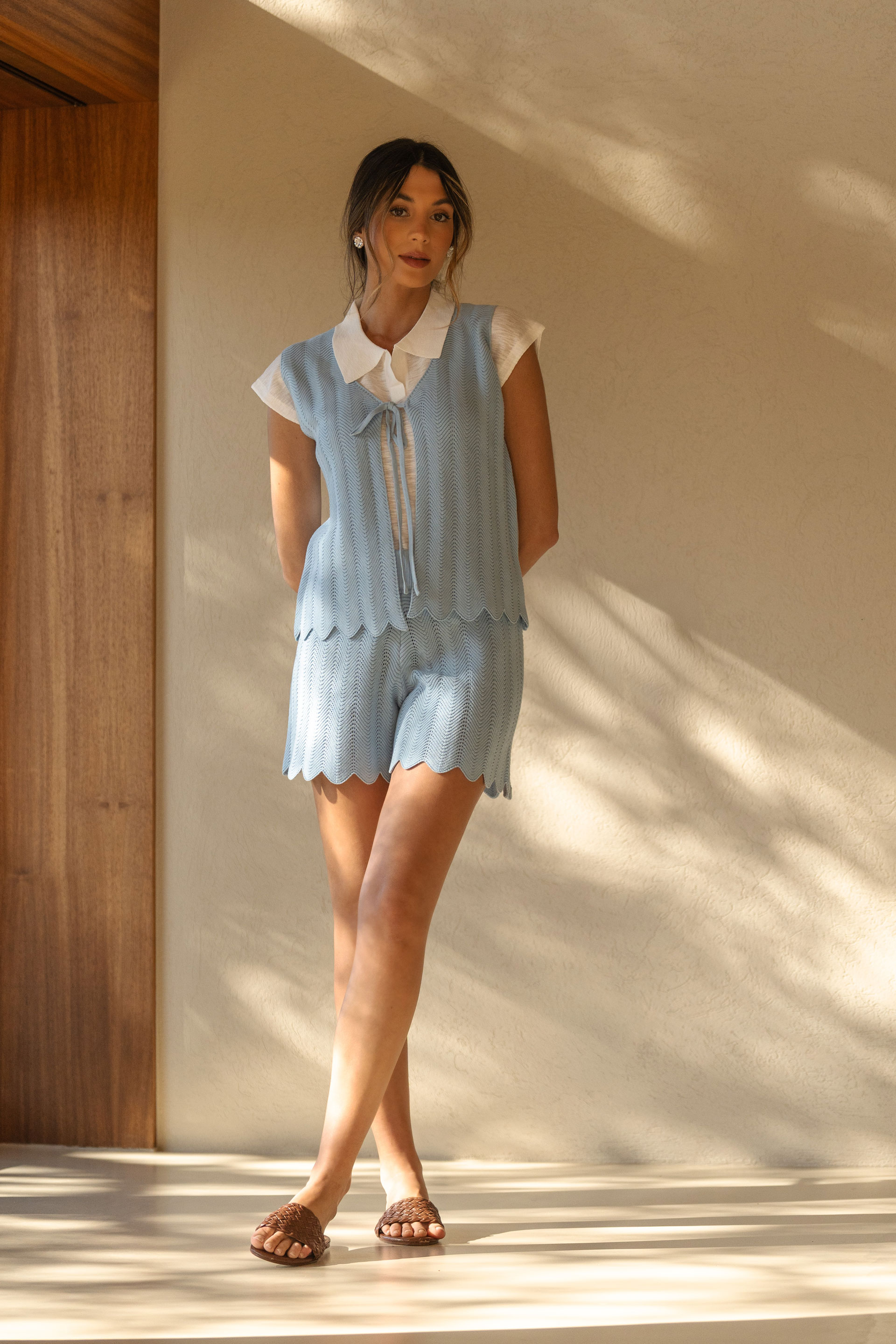 Cotton knit shorts with scalloped hem