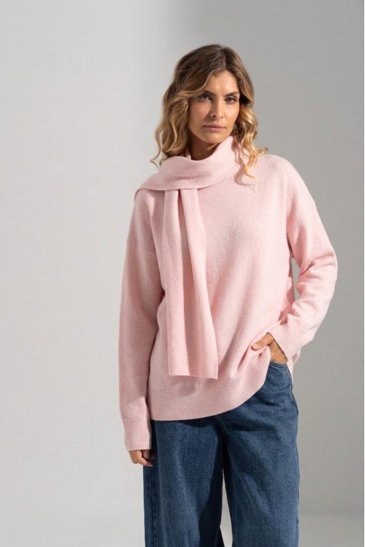Knit sweater with fixed scarf effect