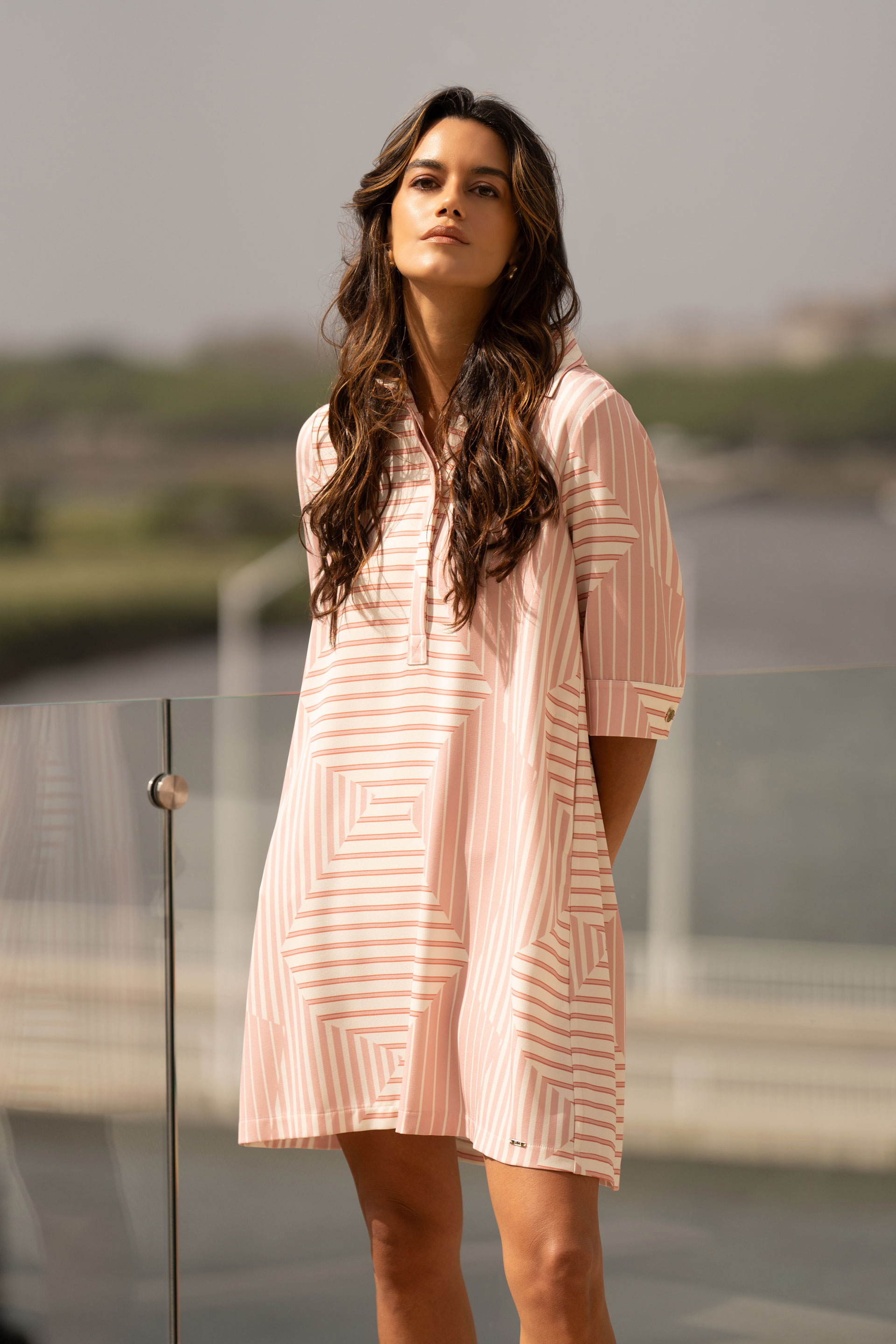 Short shirt dress with geometric striped pattern