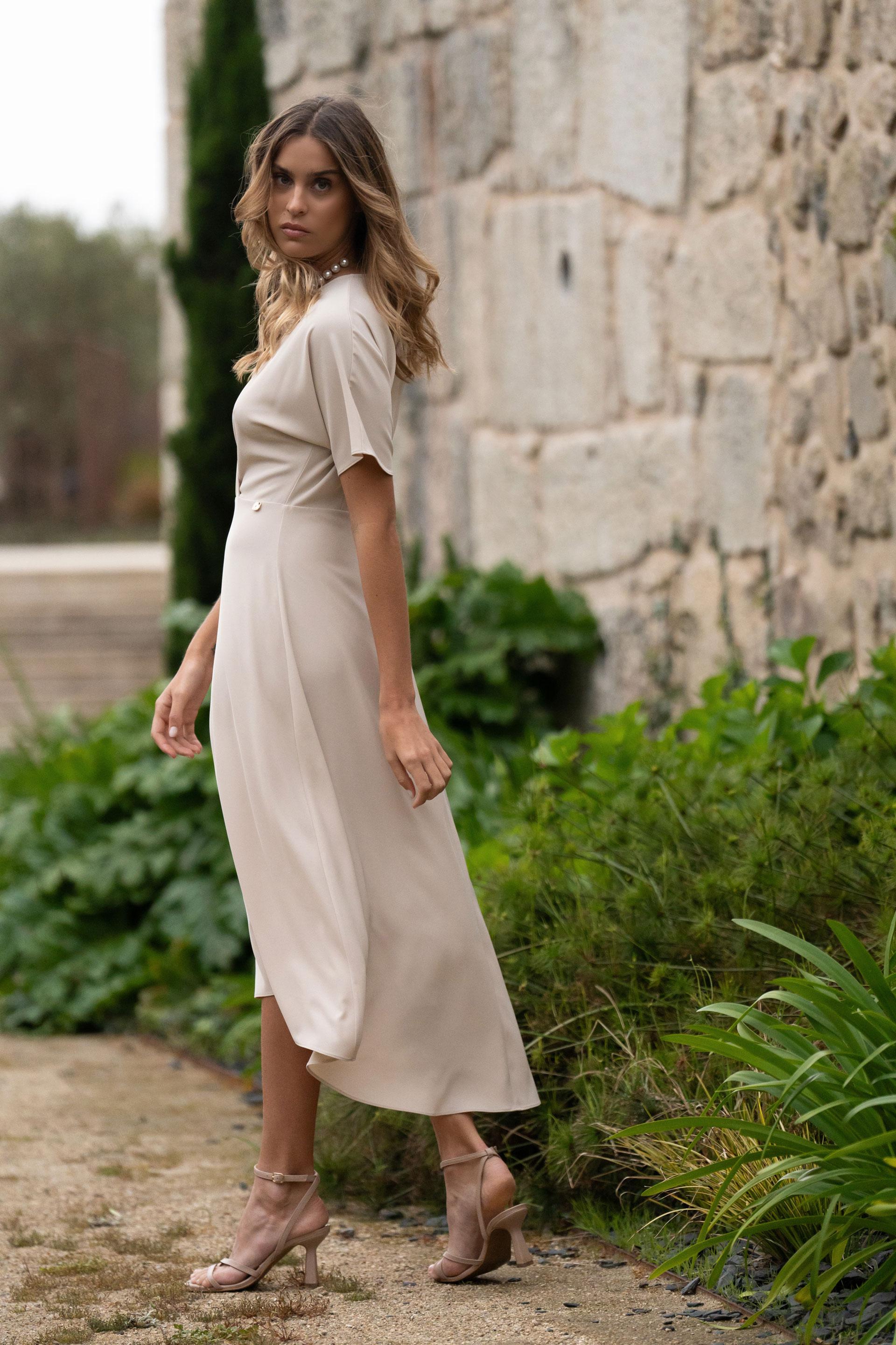 Midi wrap dress with short sleeves