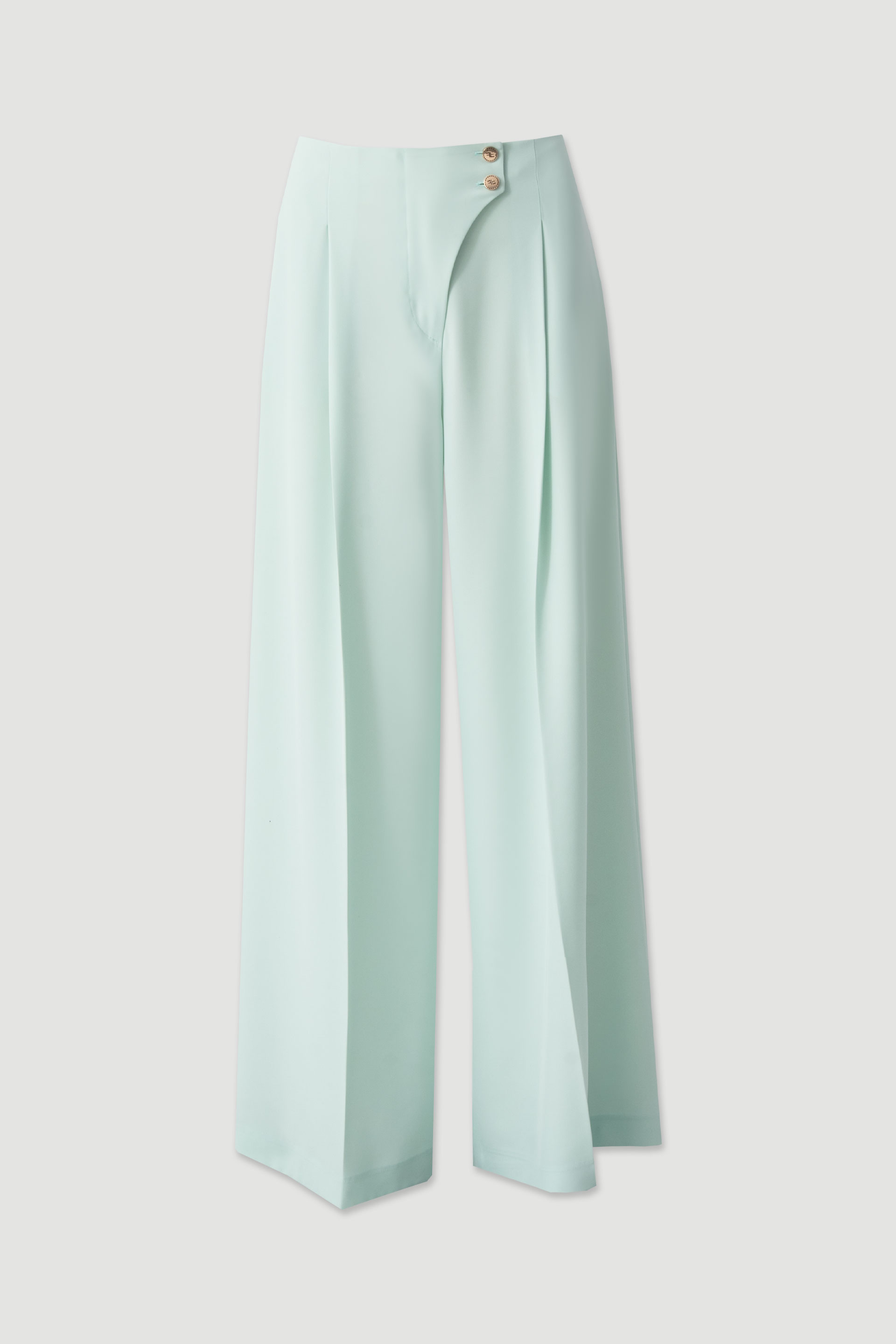 Flowing trousers with cross-over fastening