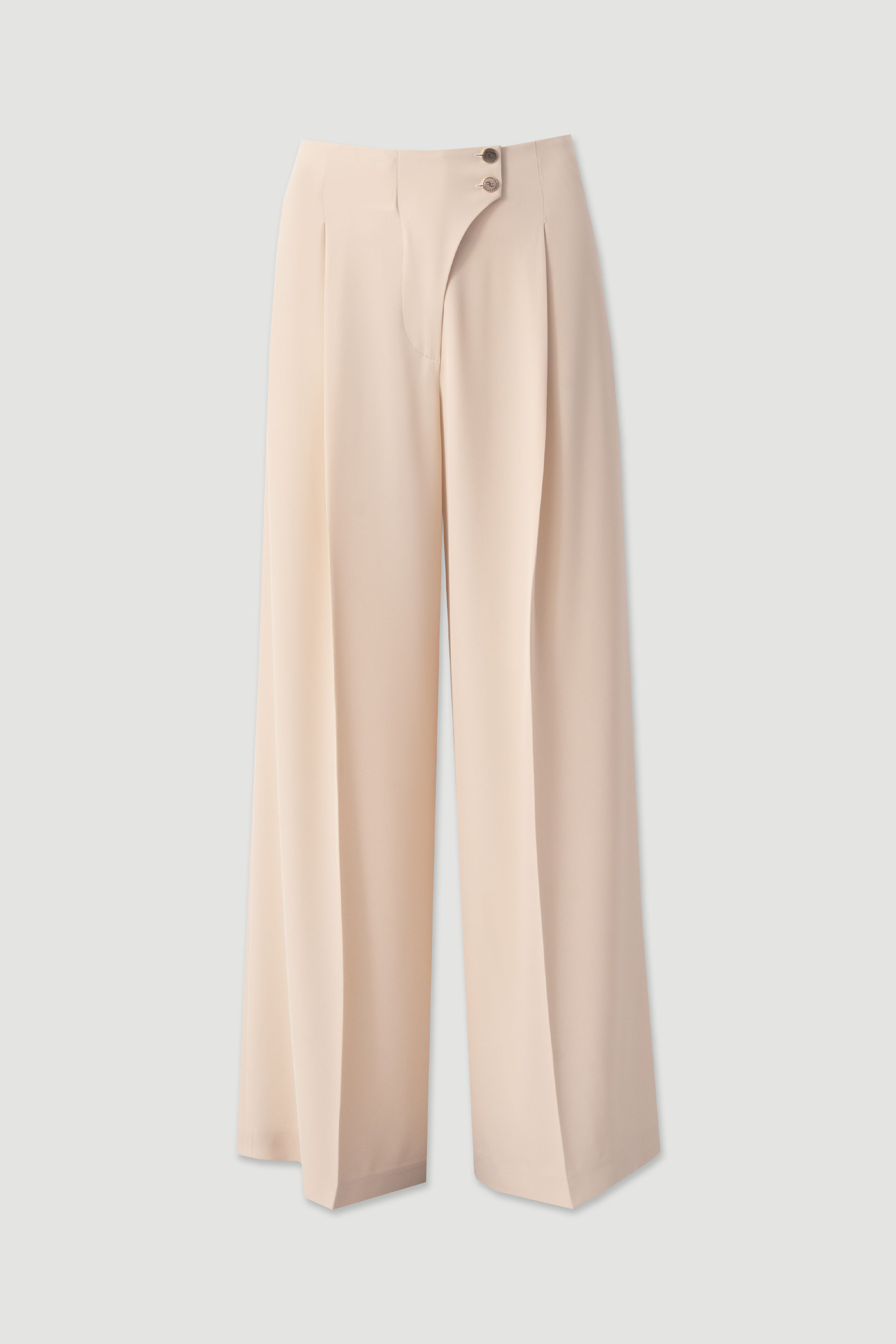 Flowing trousers with cross-over fastening