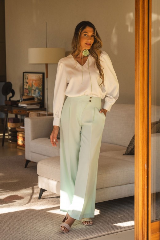 Flowing trousers with cross-over fastening Flowing trousers with cross-over fastening