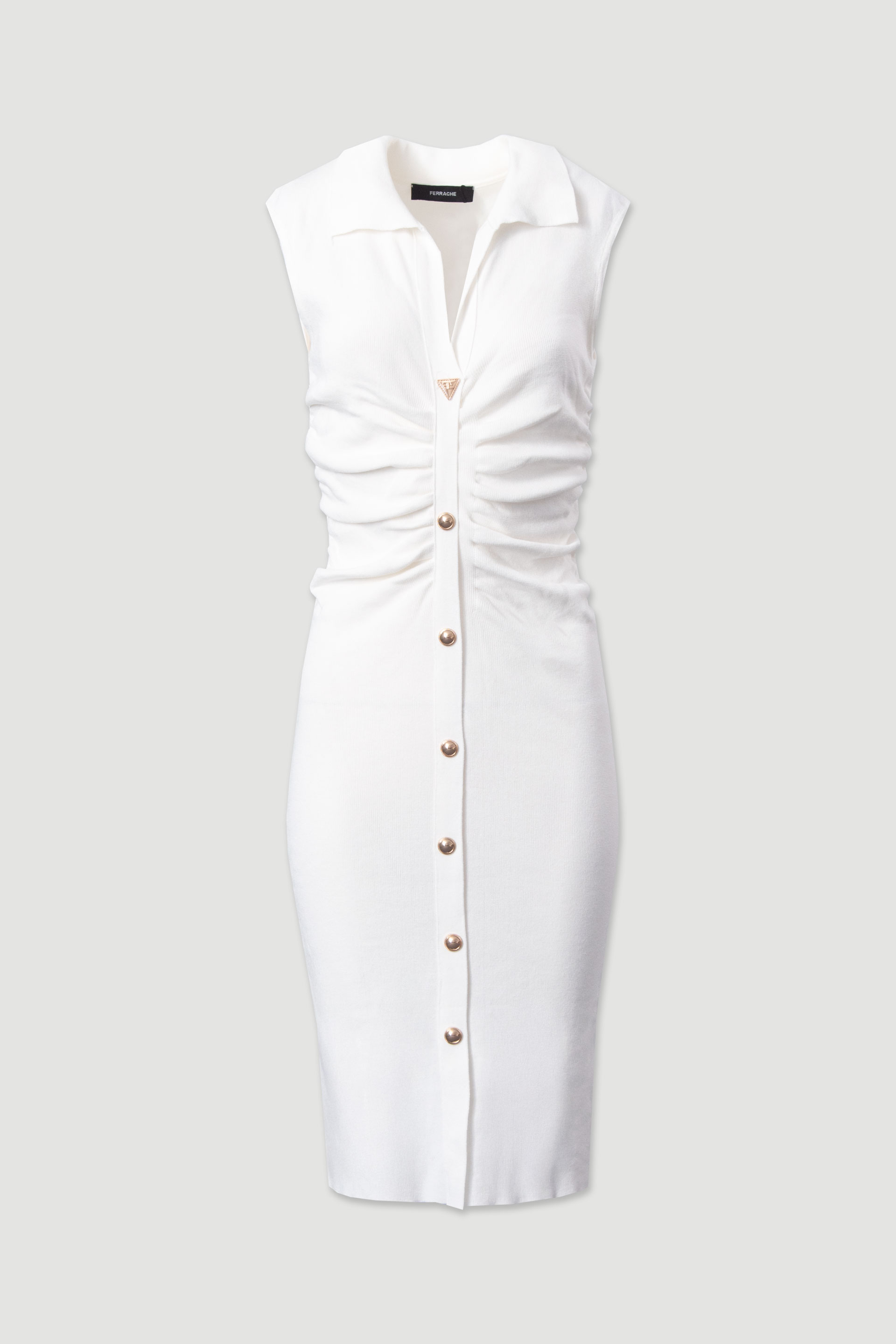 Midi knit dress with ruching and metallic buttons