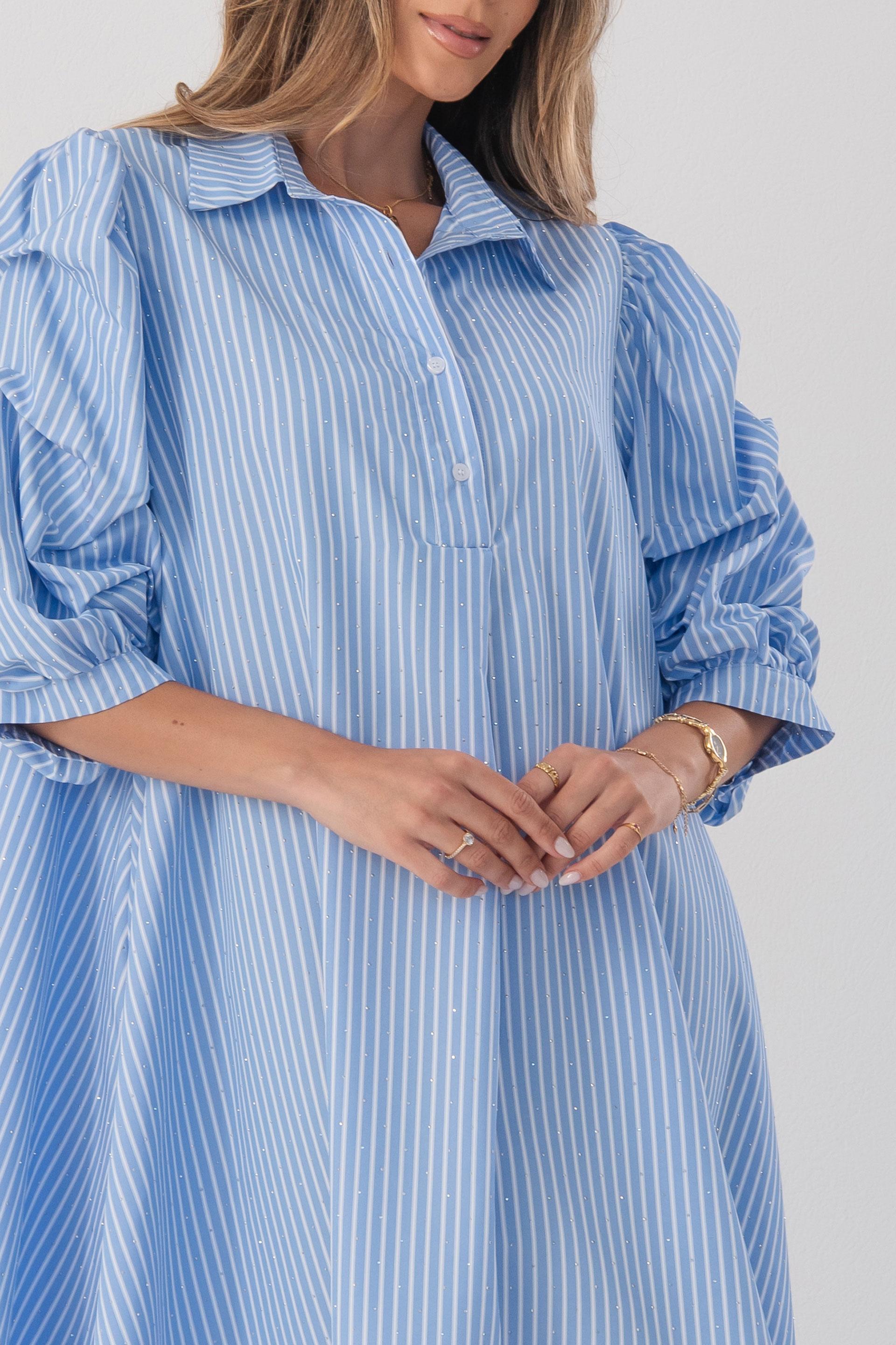 Striped shirt dress with rhinestone details