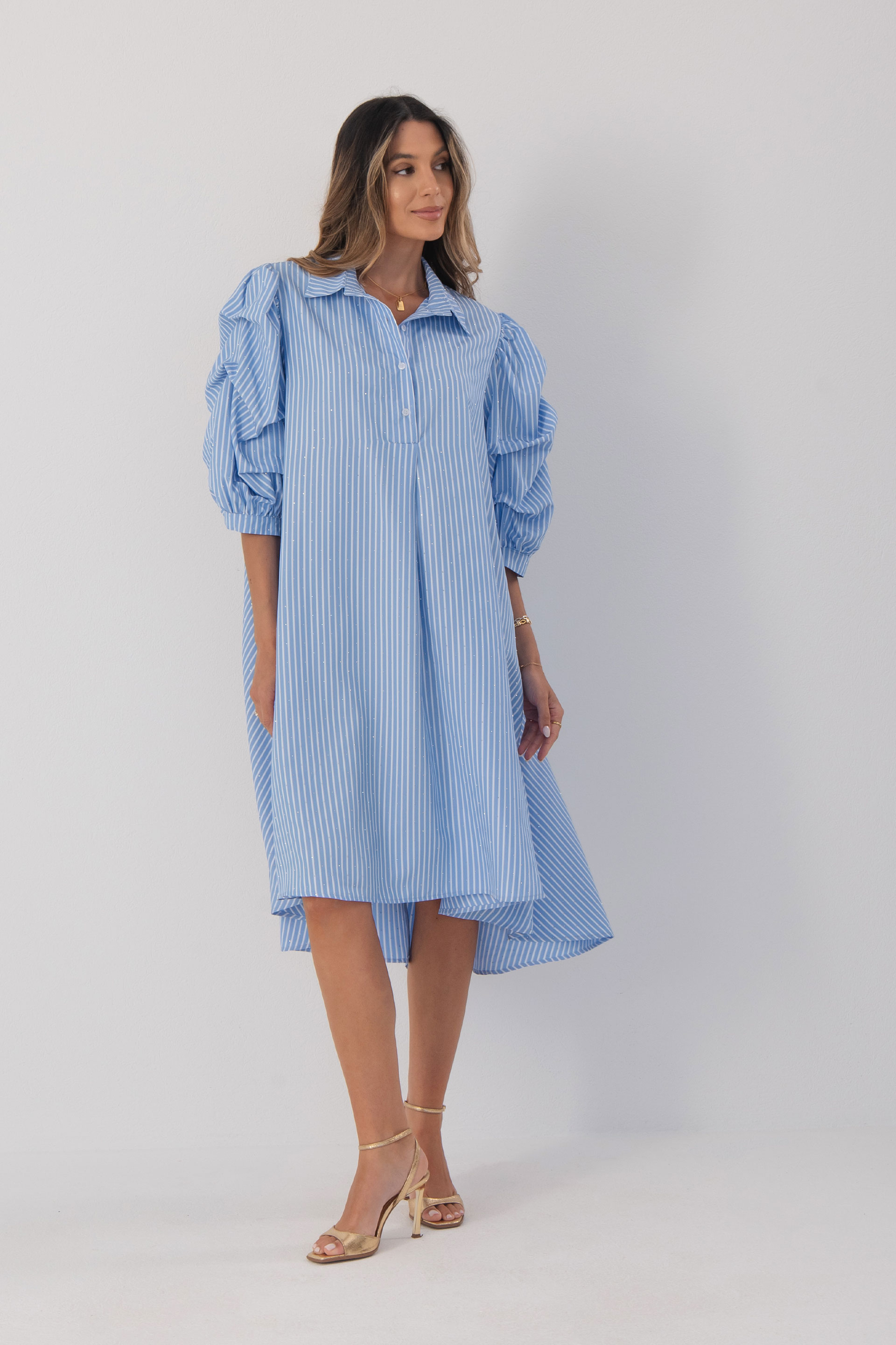 Striped shirt dress with rhinestone details