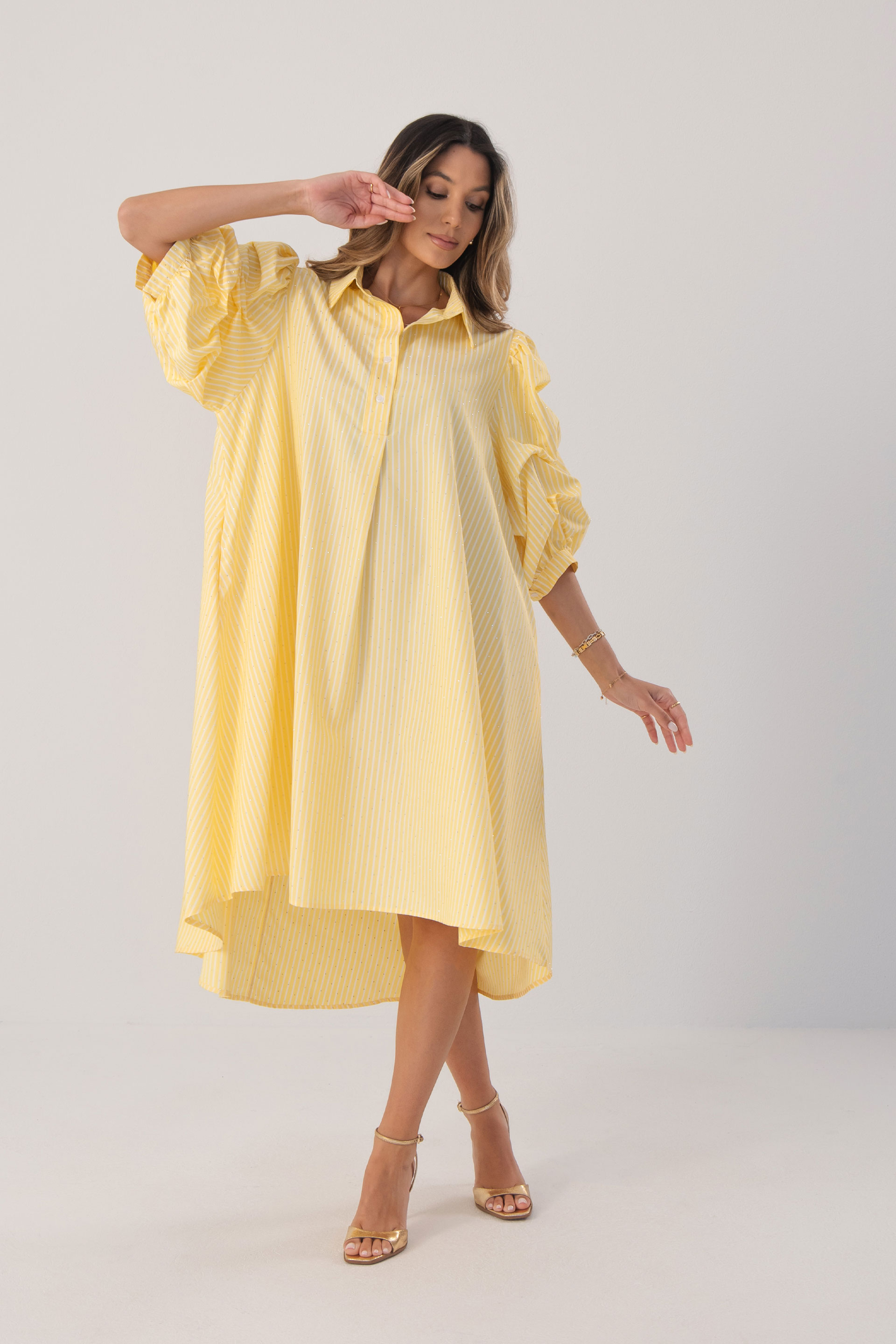 Striped shirt dress with rhinestone details