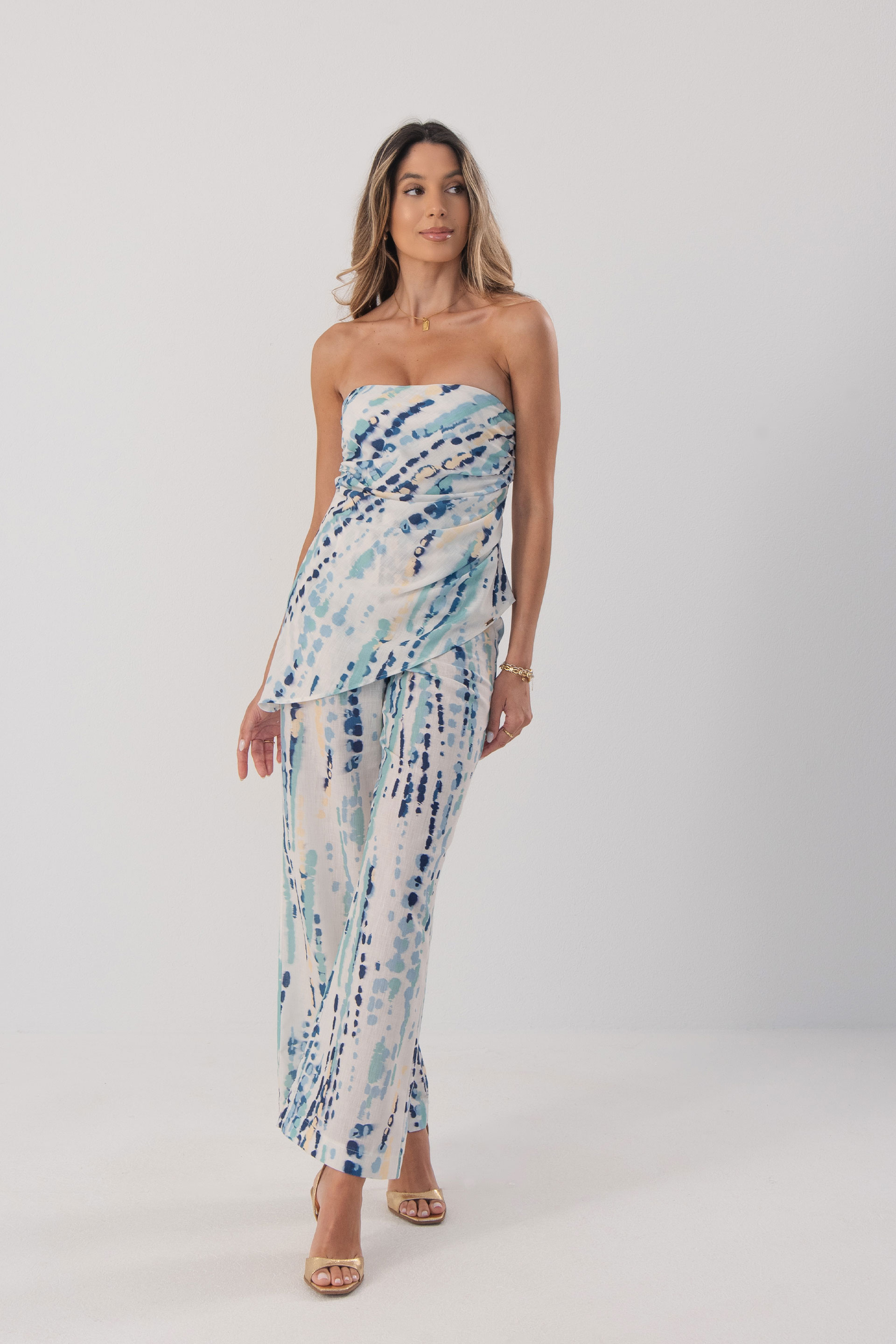 Linen-effect wide leg trousers