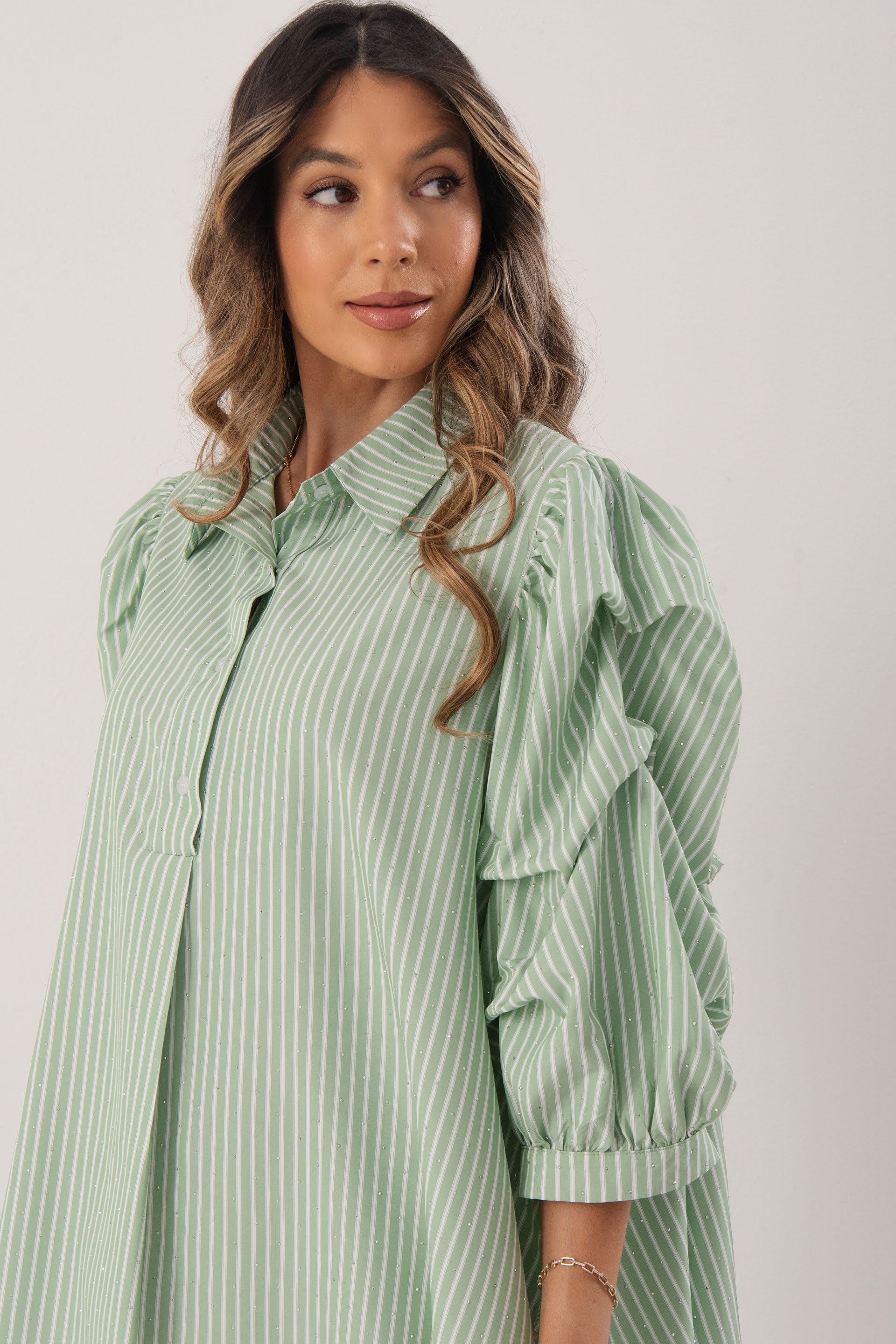 Striped shirt dress with rhinestone details