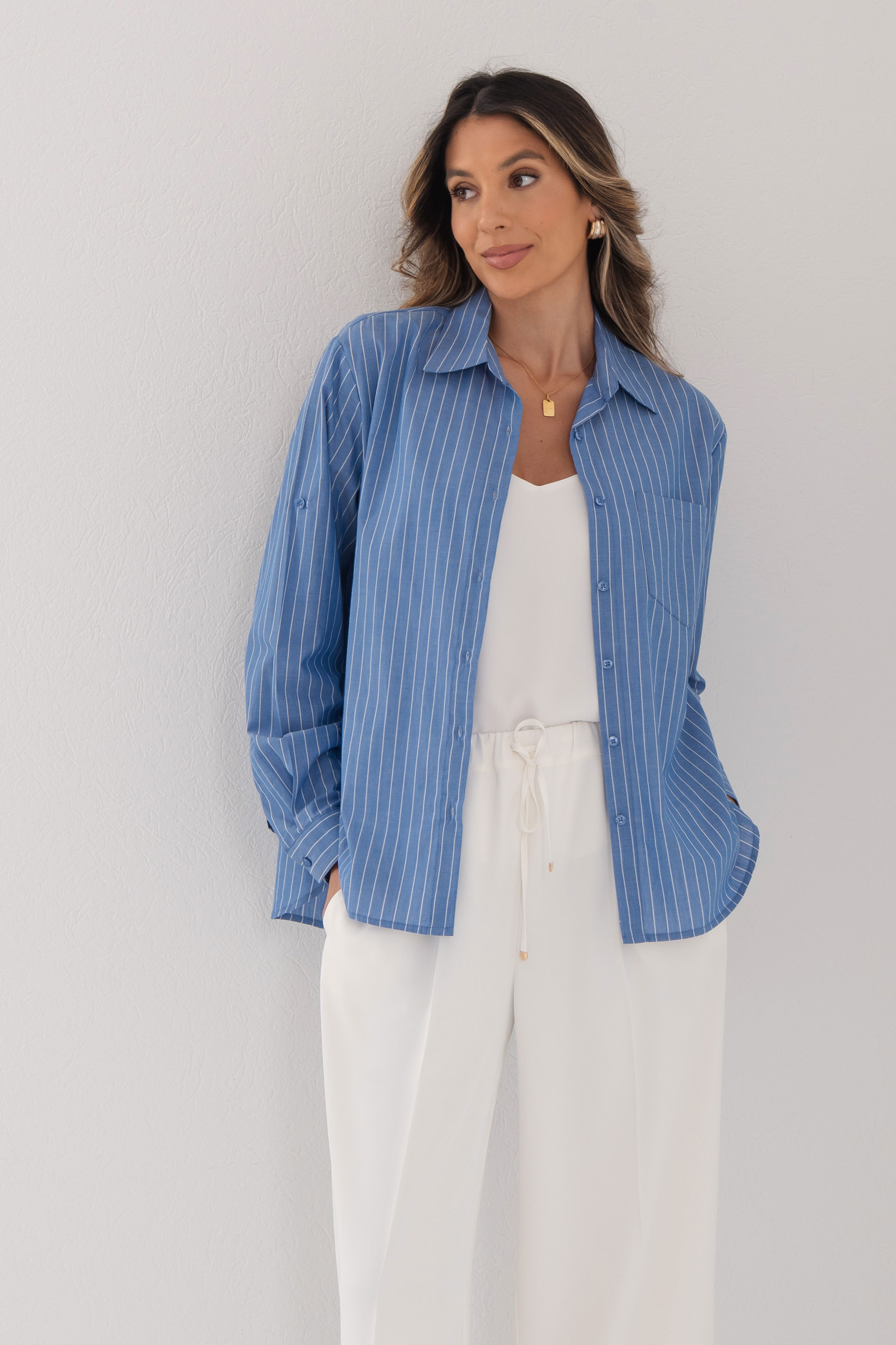 Striped shirt with front pocket 100% cotton