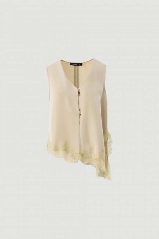 Asymmetrical satin blouse with lace trim Asymmetrical satin blouse with lace trim