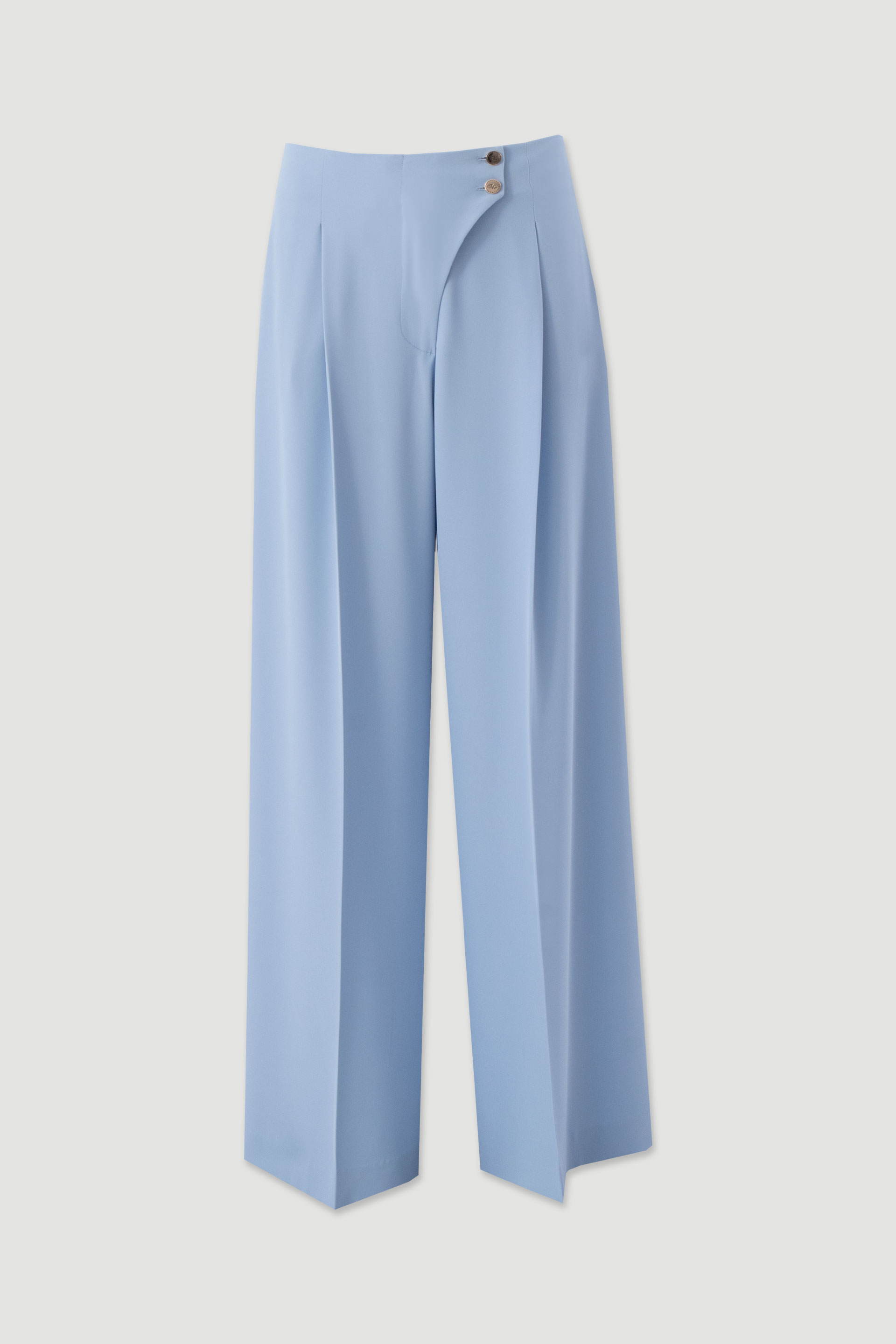 Flowing trousers with cross-over fastening