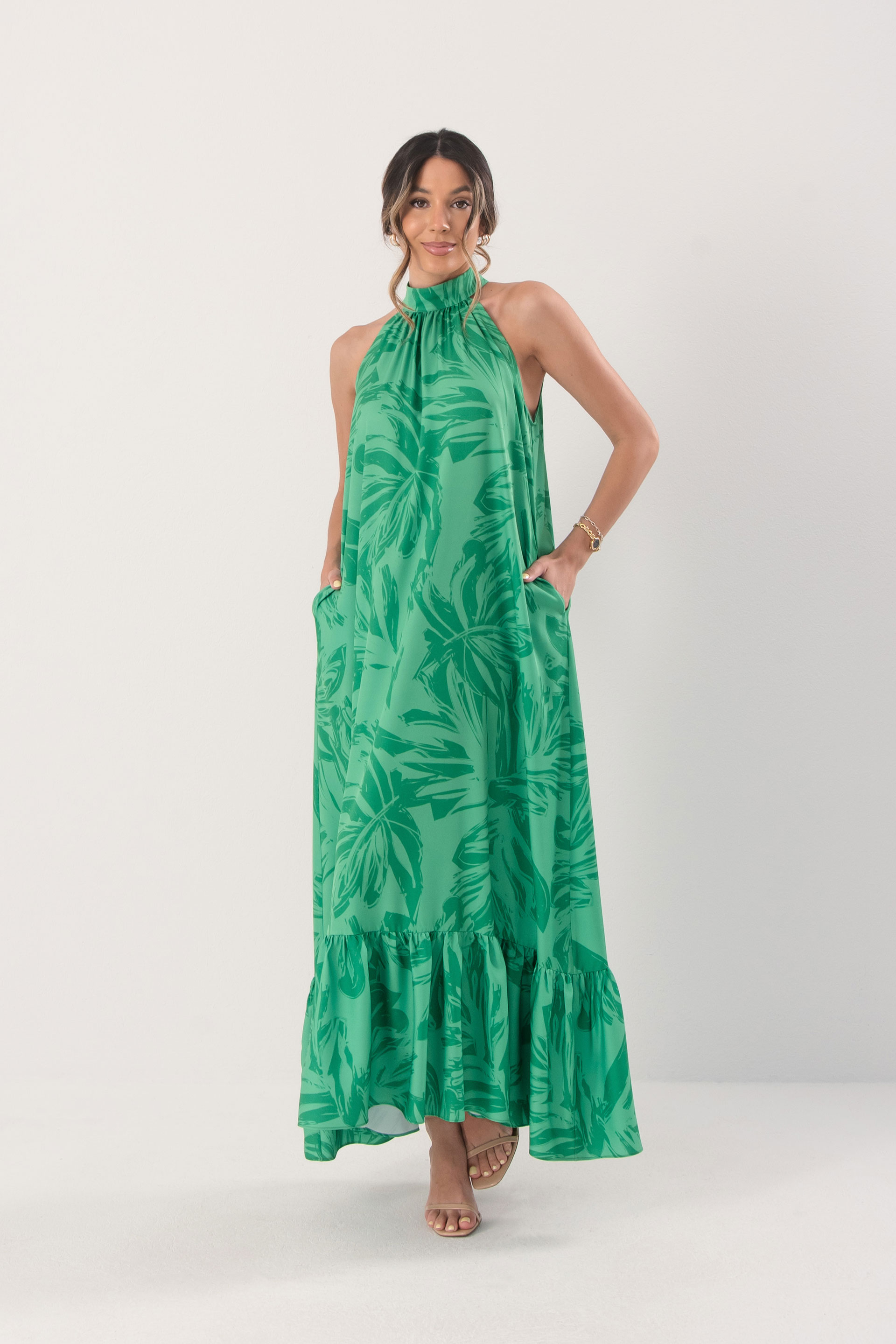 Printed halter maxi dress