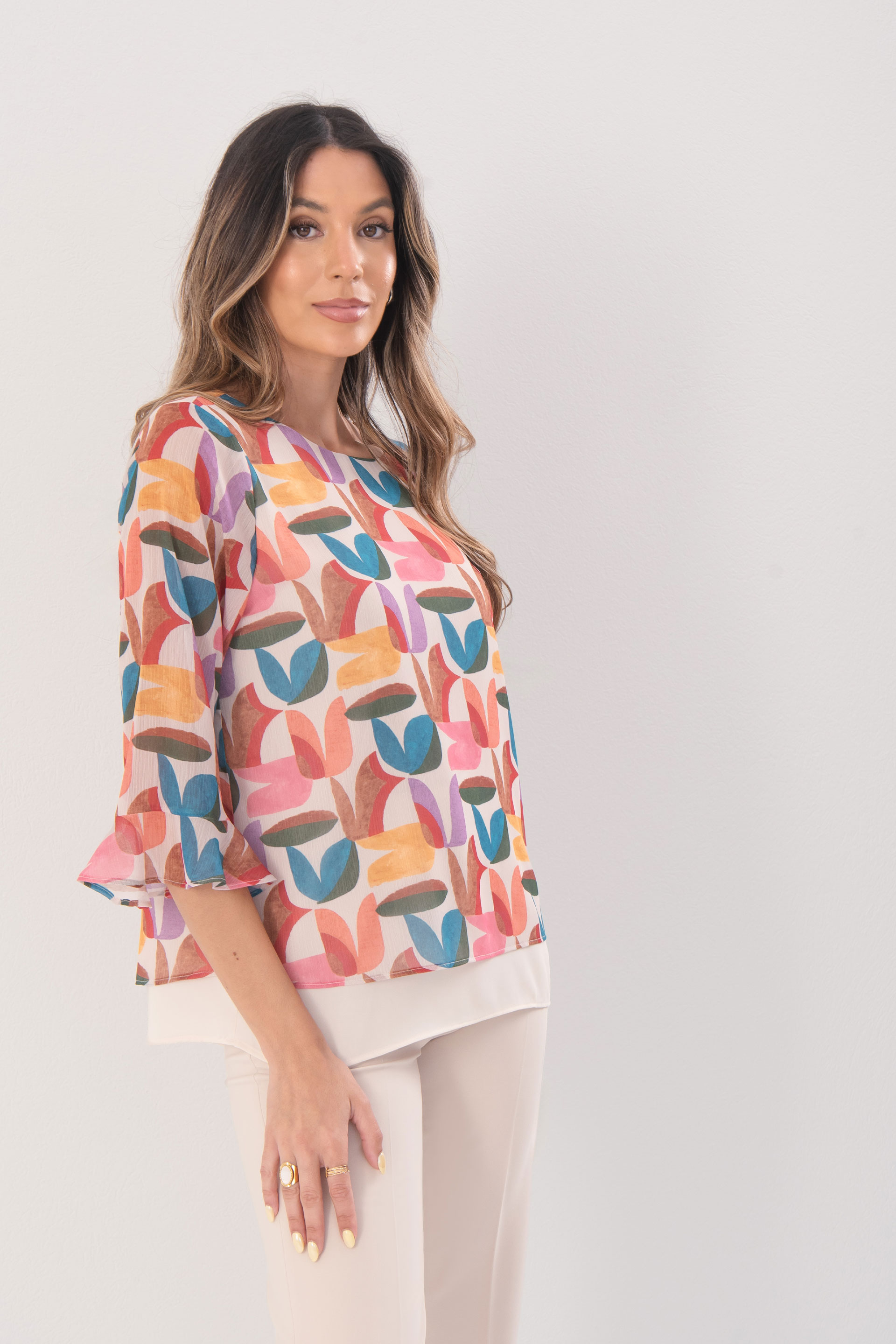 Printed tunic with ruffled sleeves