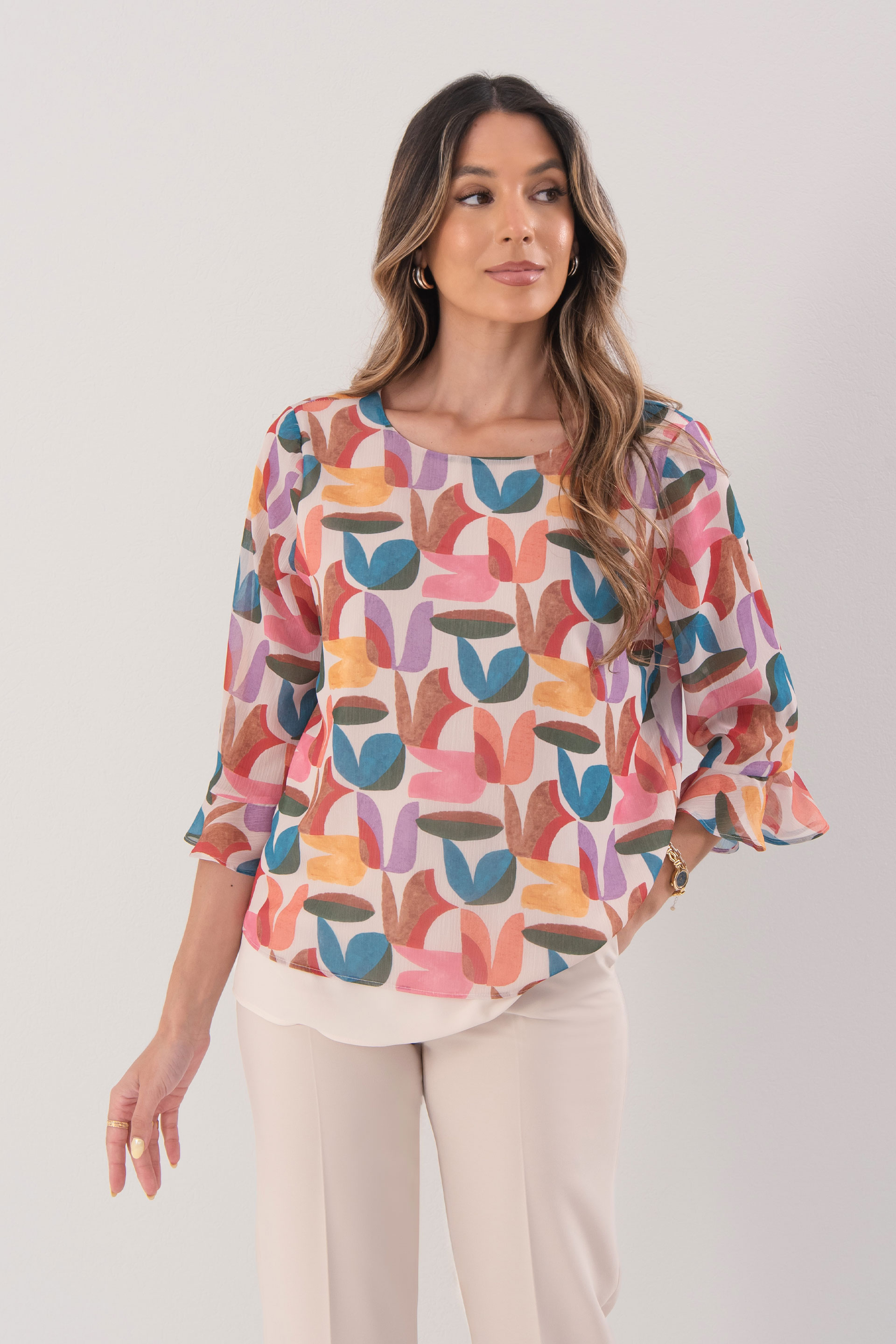 Printed tunic with ruffled sleeves